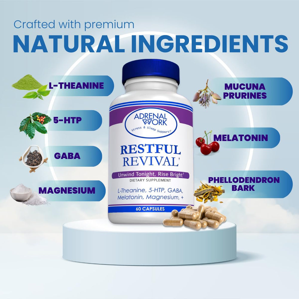 Adrenalwork GABA and 5-HTP blend capsules signaling relaxation before bed.