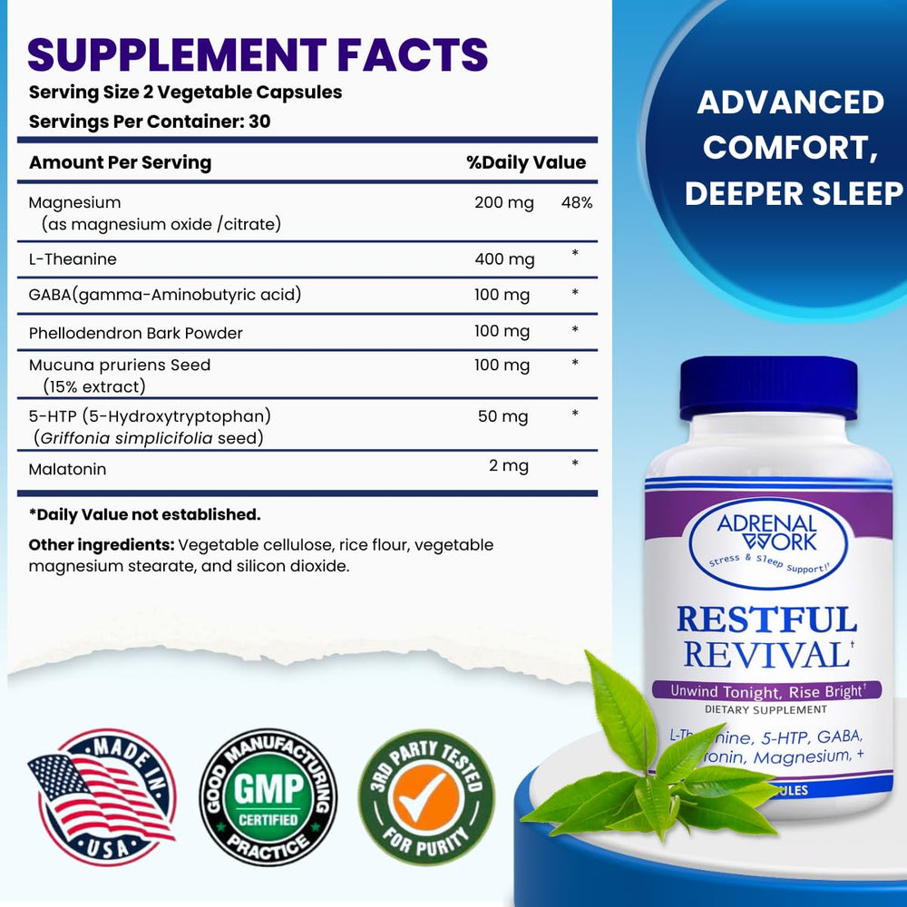Adrenalwork L-Theanine 400mg capsules close-up highlighting a soothing mood support.