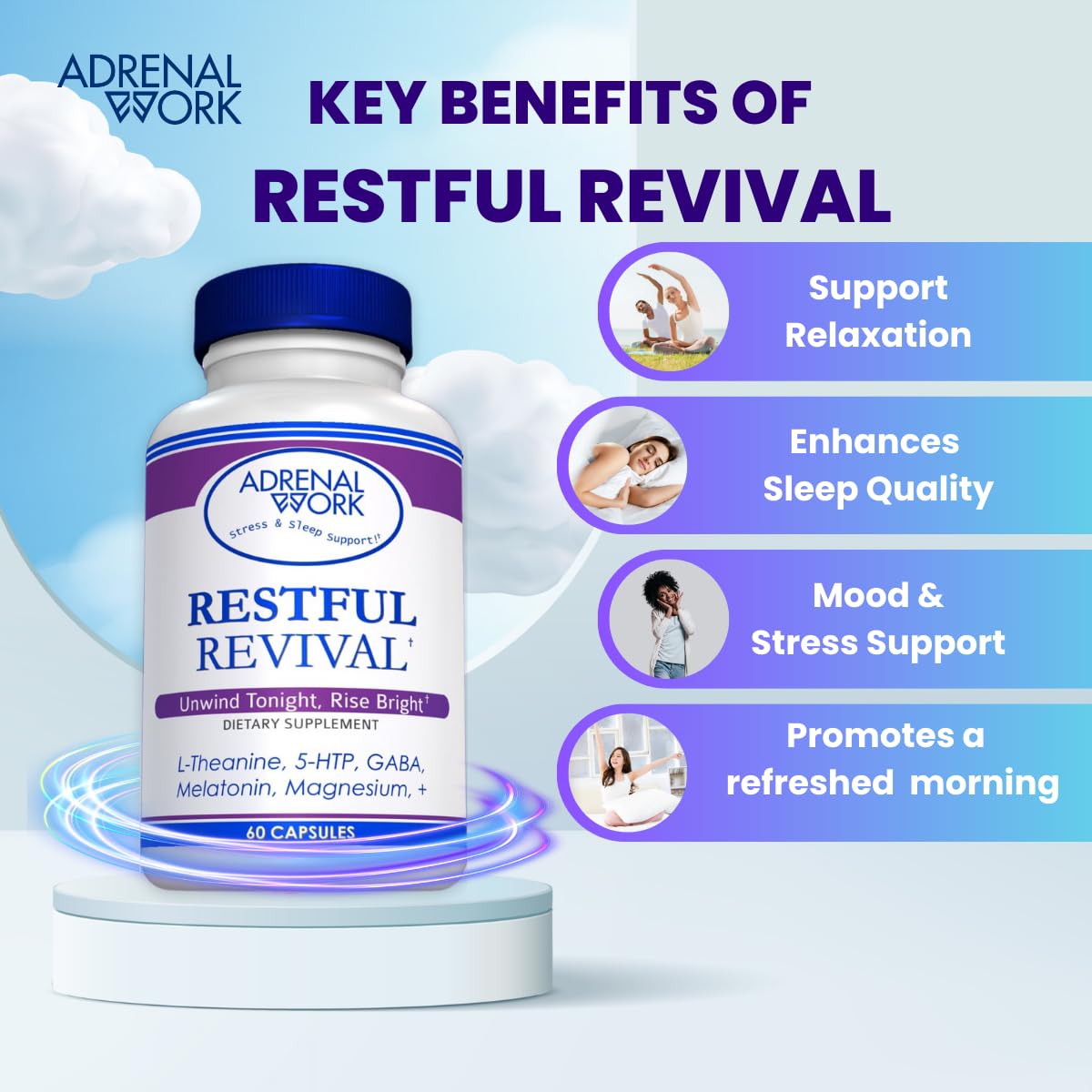 Nighttime routine scene with Adrenalwork capsules ready to unwind.