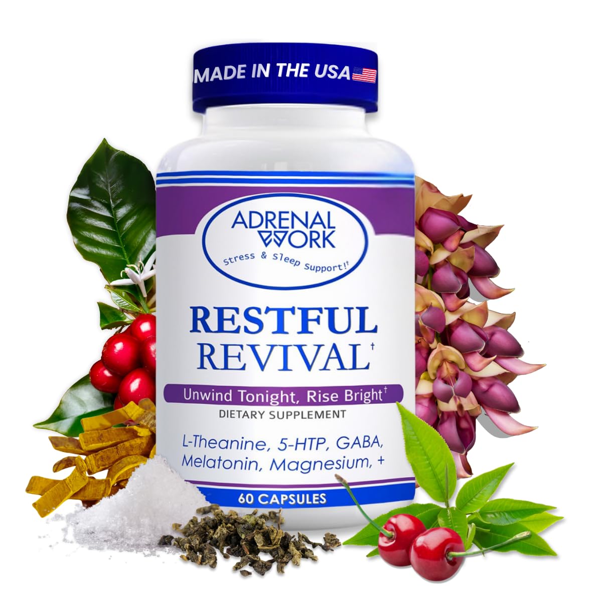 Adrenalwork Restorative Sleep Capsules bottle on nightstand promoting a calm bedtime routine.