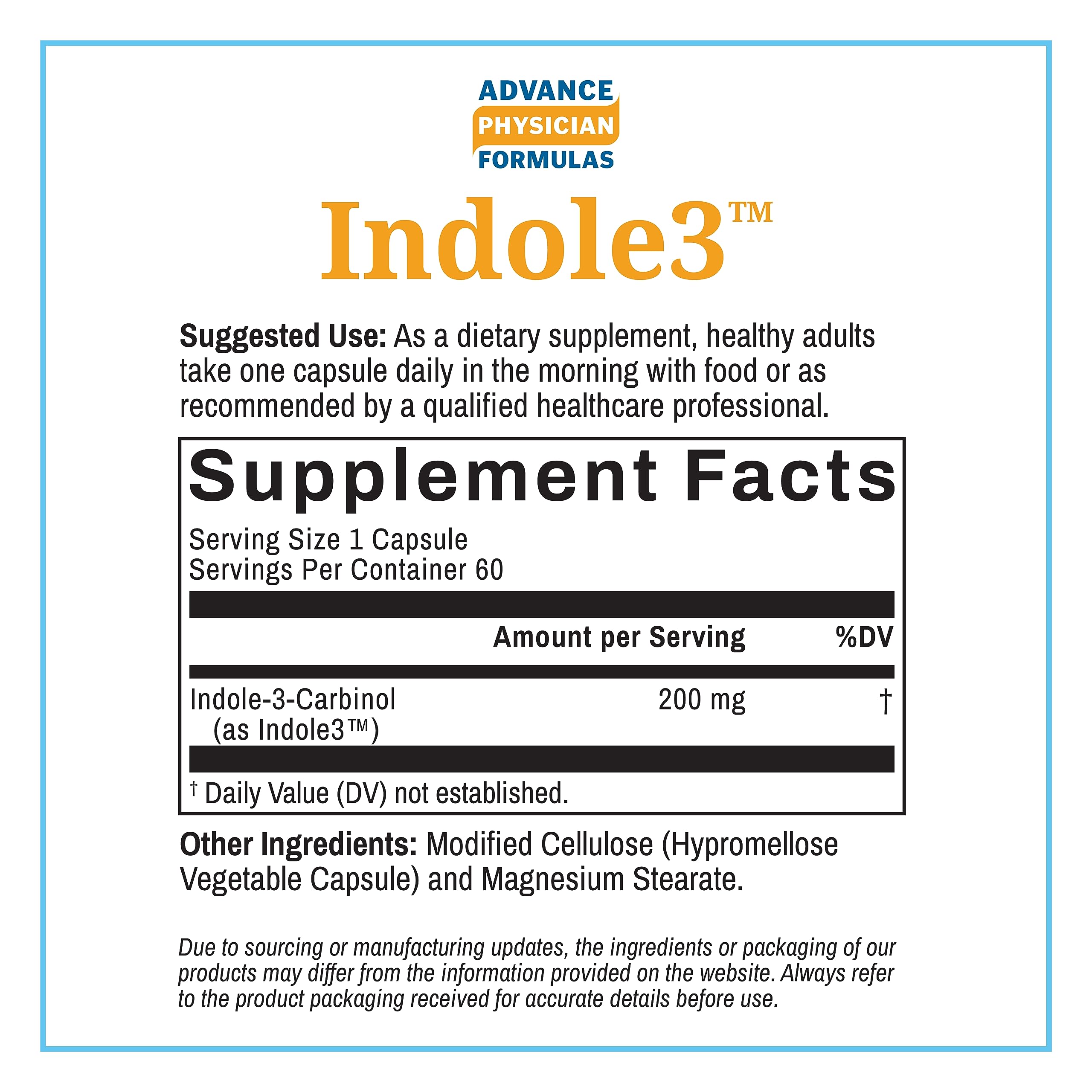 Product label and packaging of Advance Physician Formulas Indole-3-Carbinol