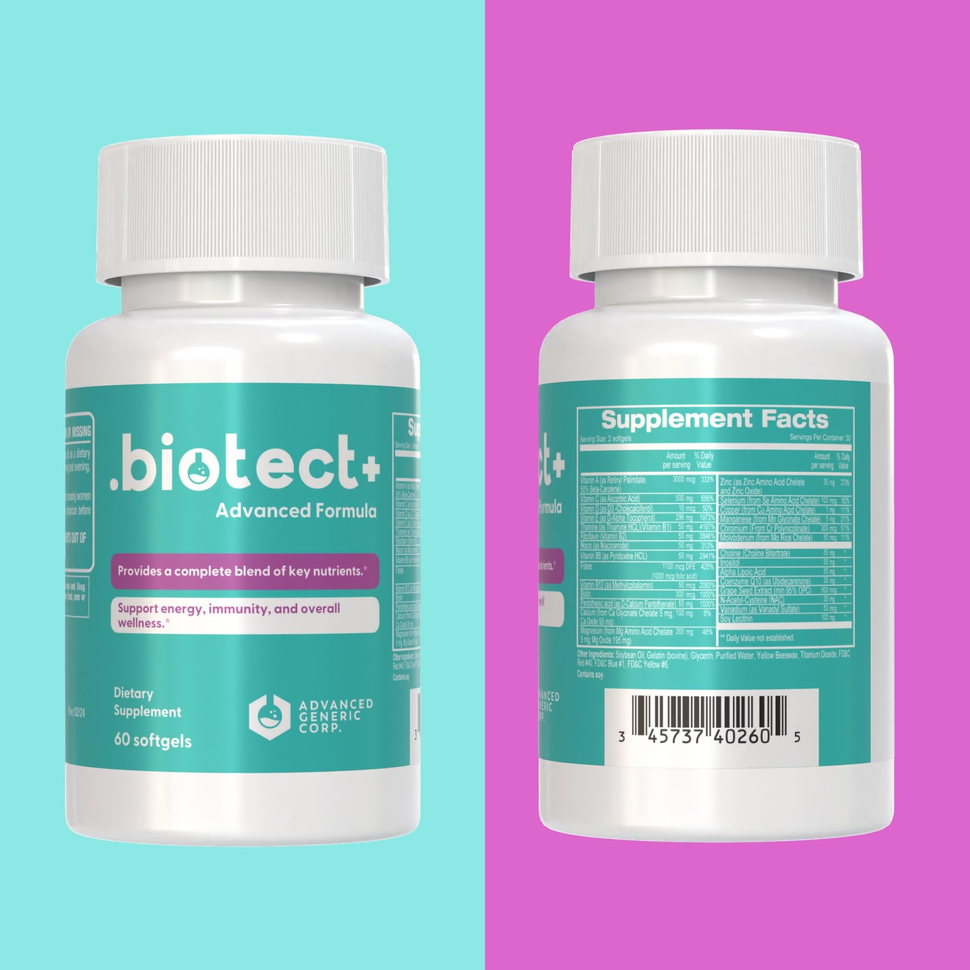 Advanced Generic Corp Biotect+ softgels pack highlights convenient 30-day wellness.