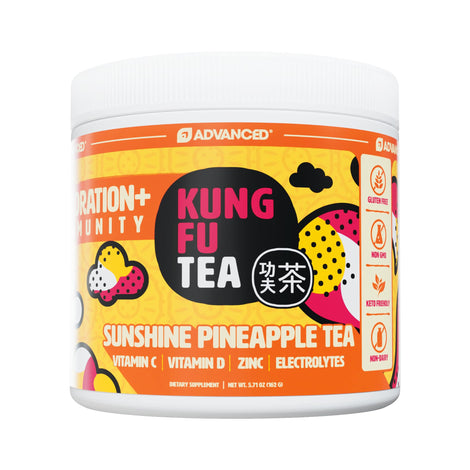 Advanced Kung Fu Tea hydration powder bottle closeup, emphasizing refreshing flavor