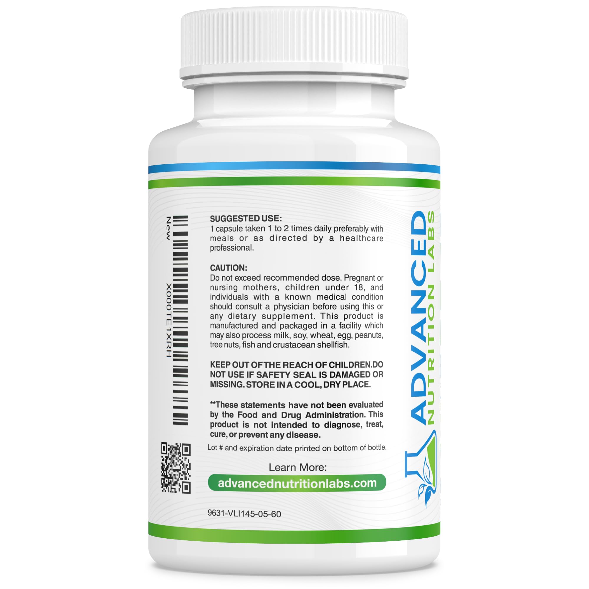 Advanced Nutrition Labs estuche con 60 cápsulas, conveniente para eventos y días ocupados.
