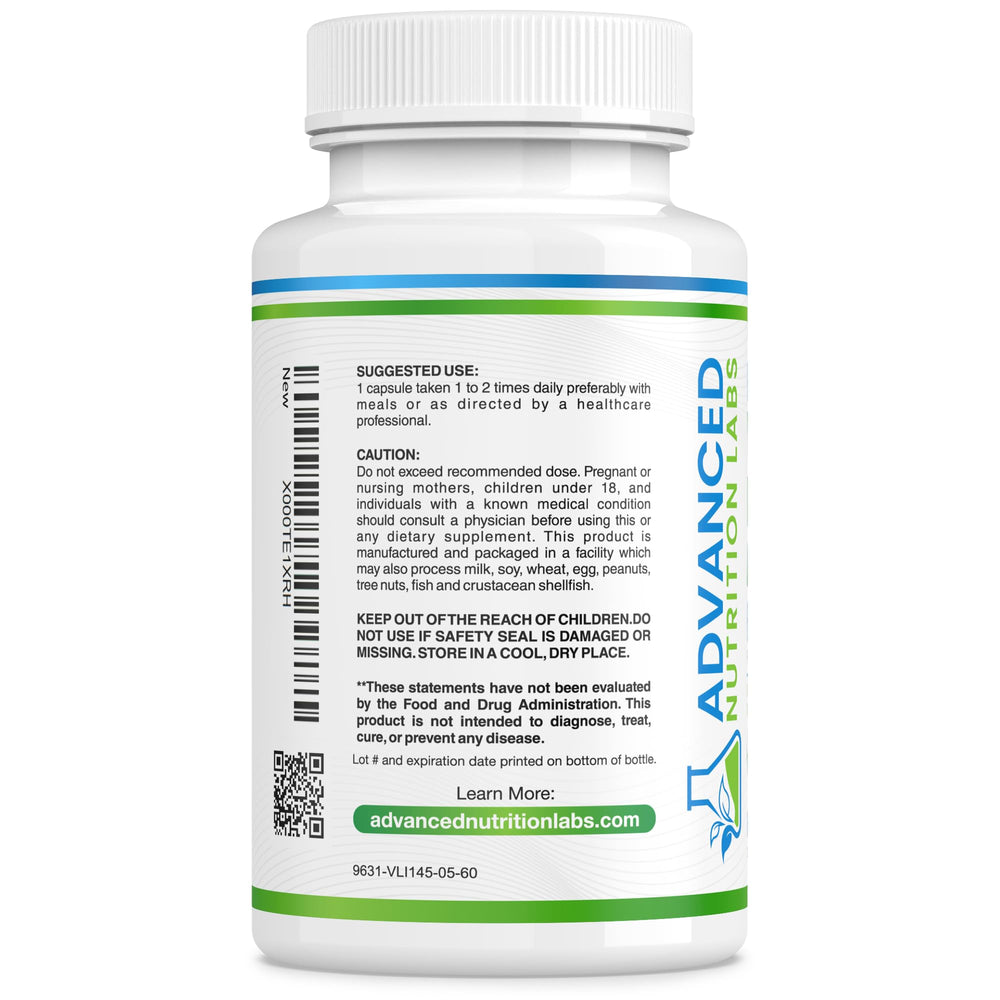 Advanced Nutrition Labs estuche con 60 cápsulas, conveniente para eventos y días ocupados.