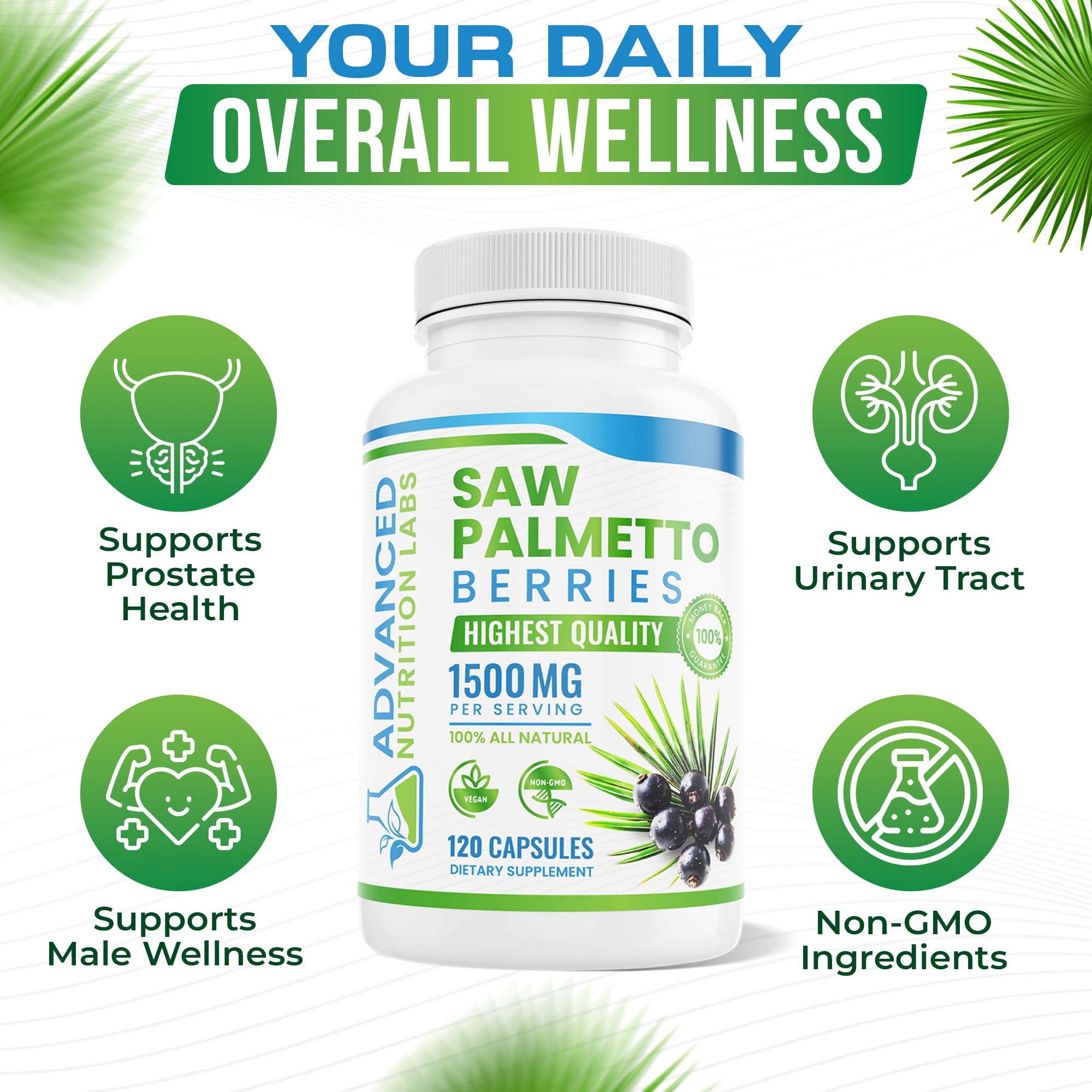Advanced Nutrition Labs Saw Palmetto packaging on table emphasizes non-GMO ingredients.