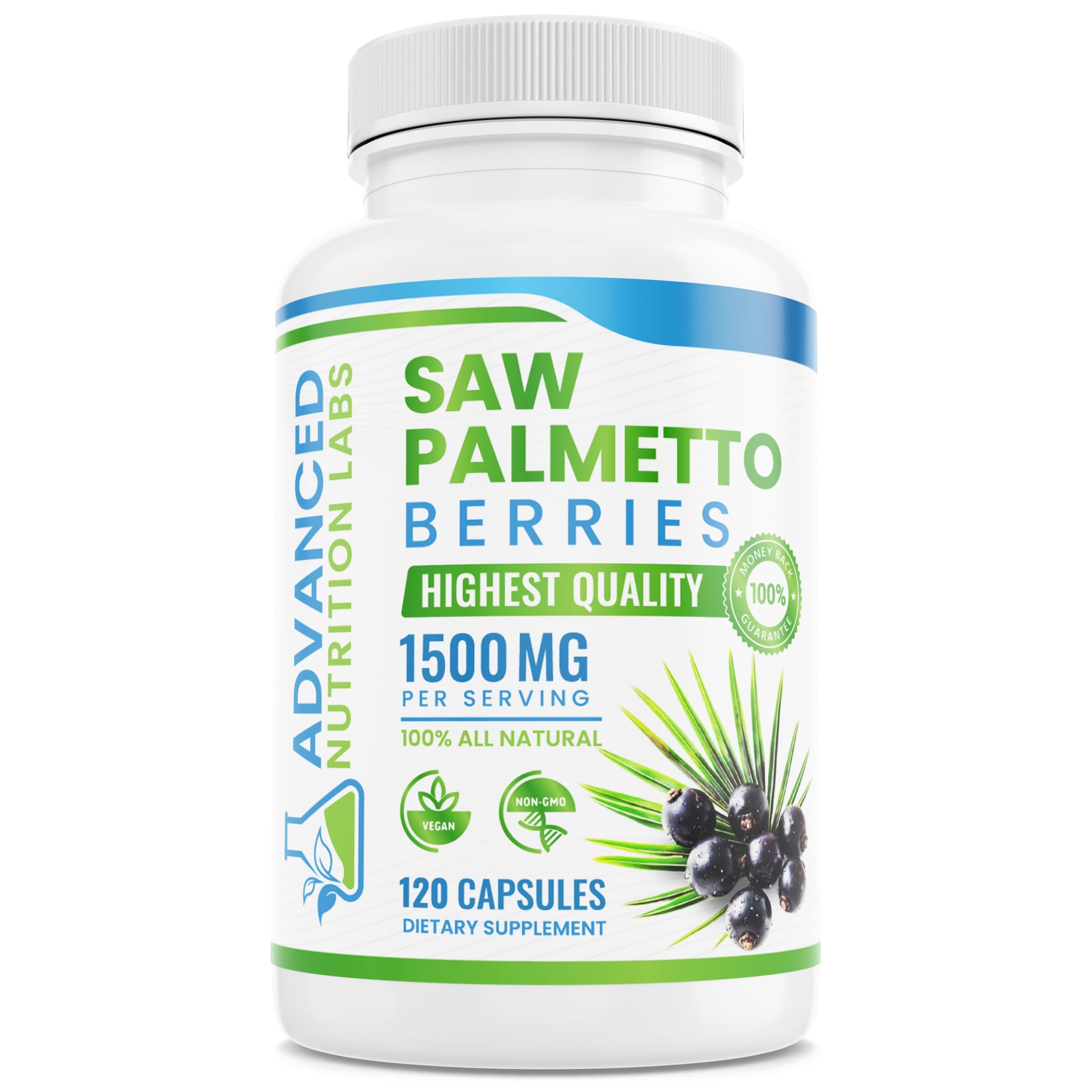 Advanced Nutrition Labs Saw Palmetto capsules bottle supports urinary comfort.