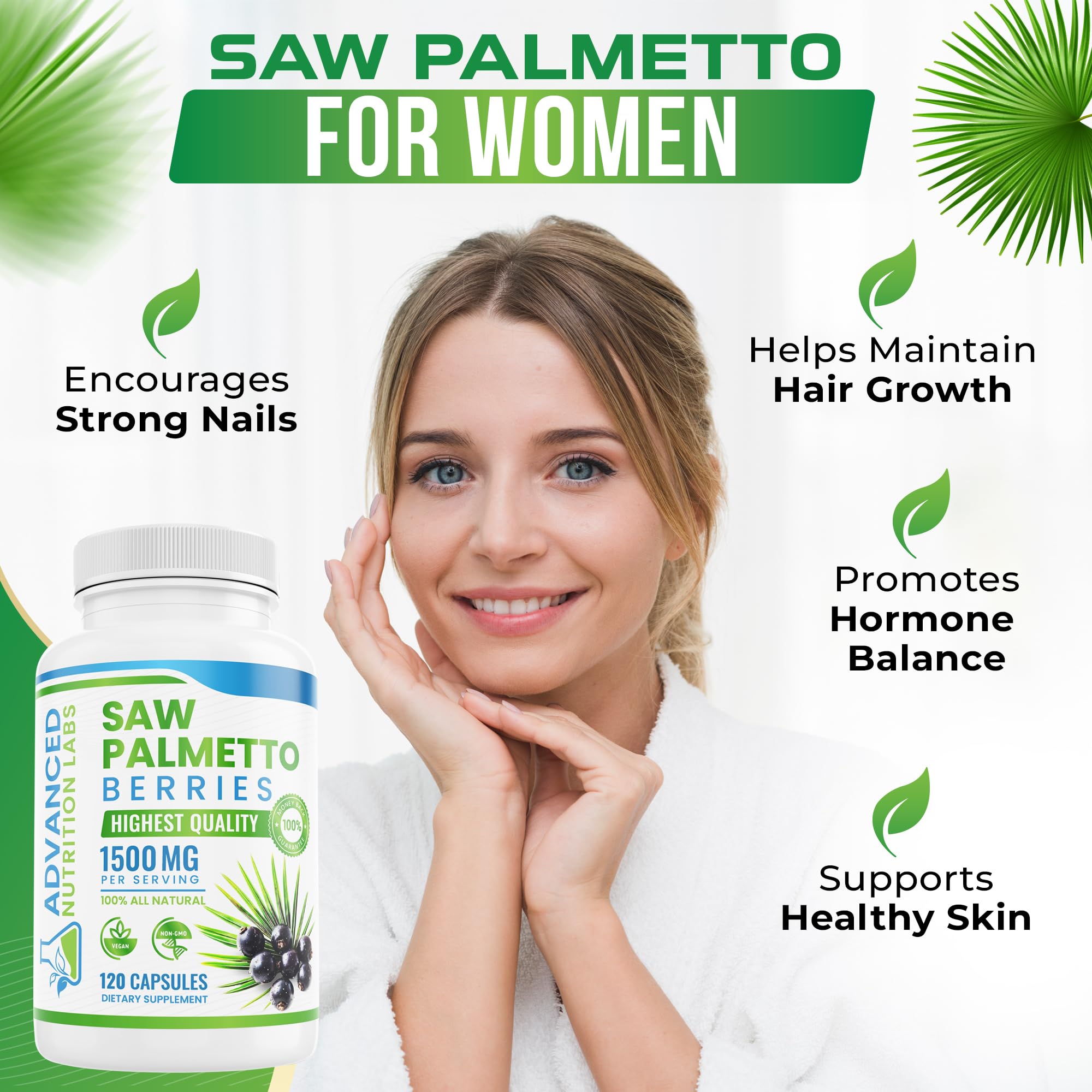 Advanced Nutrition Labs Saw Palmetto vegan capsules on desk for convenient wellness.