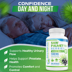 Advanced Nutrition Labs Saw Palmetto capsules pouring view suggests easy daily intake.