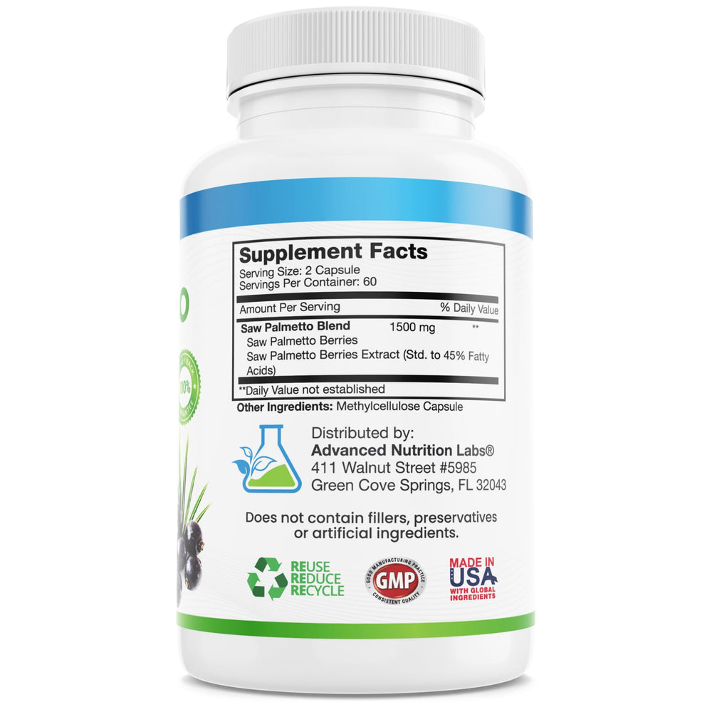 Advanced Nutrition Labs Saw Palmetto label closeup shows 45% fatty acids potency.