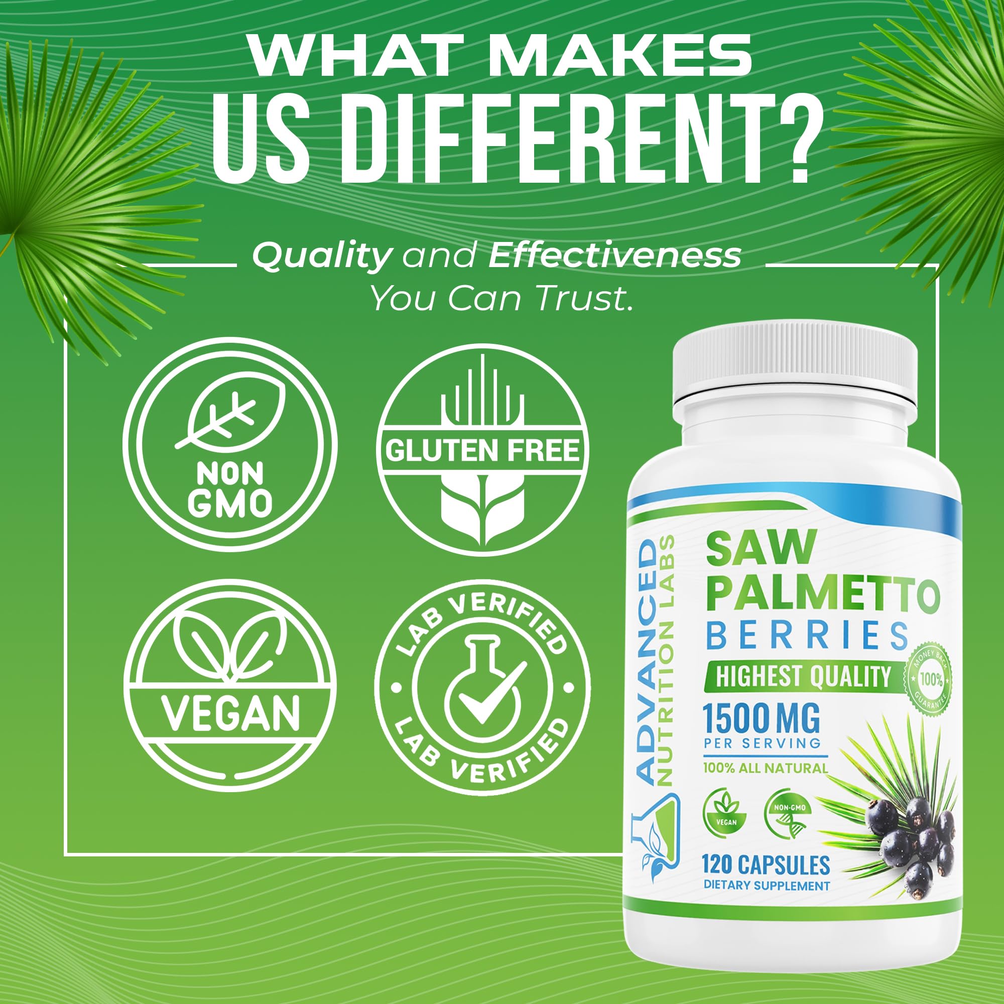 Advanced Nutrition Labs Saw Palmetto natural capsules in clear bottle invite trust.