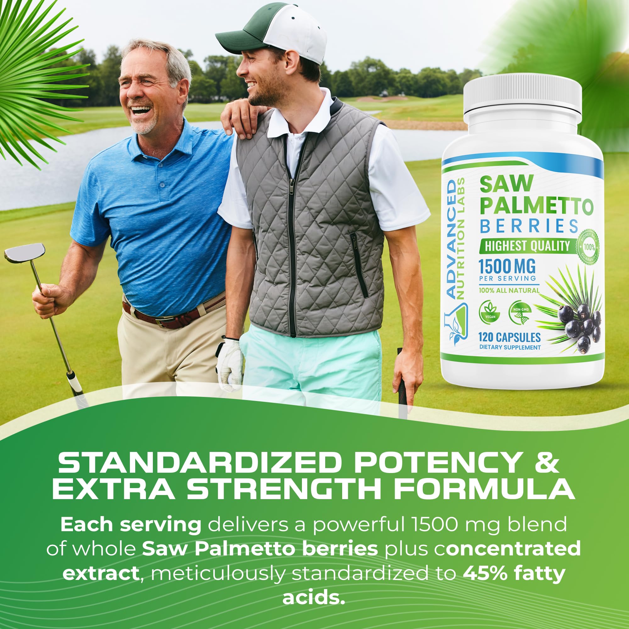 Advanced Nutrition Labs Saw Palmetto bottle on display highlights gluten-free formula.
