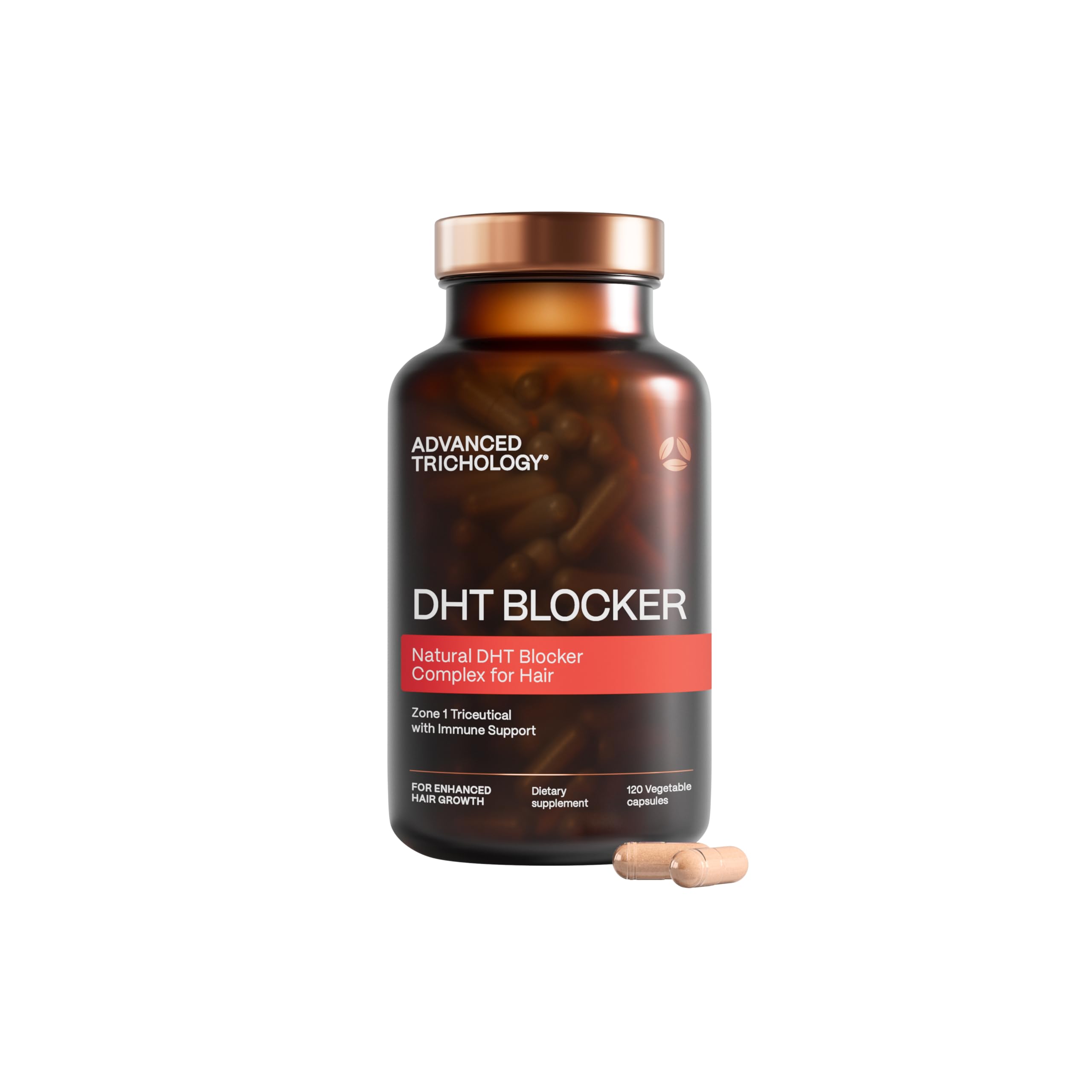 Advanced Trichology DHT Blocker bottle front view supports daily hair health and thinning management.