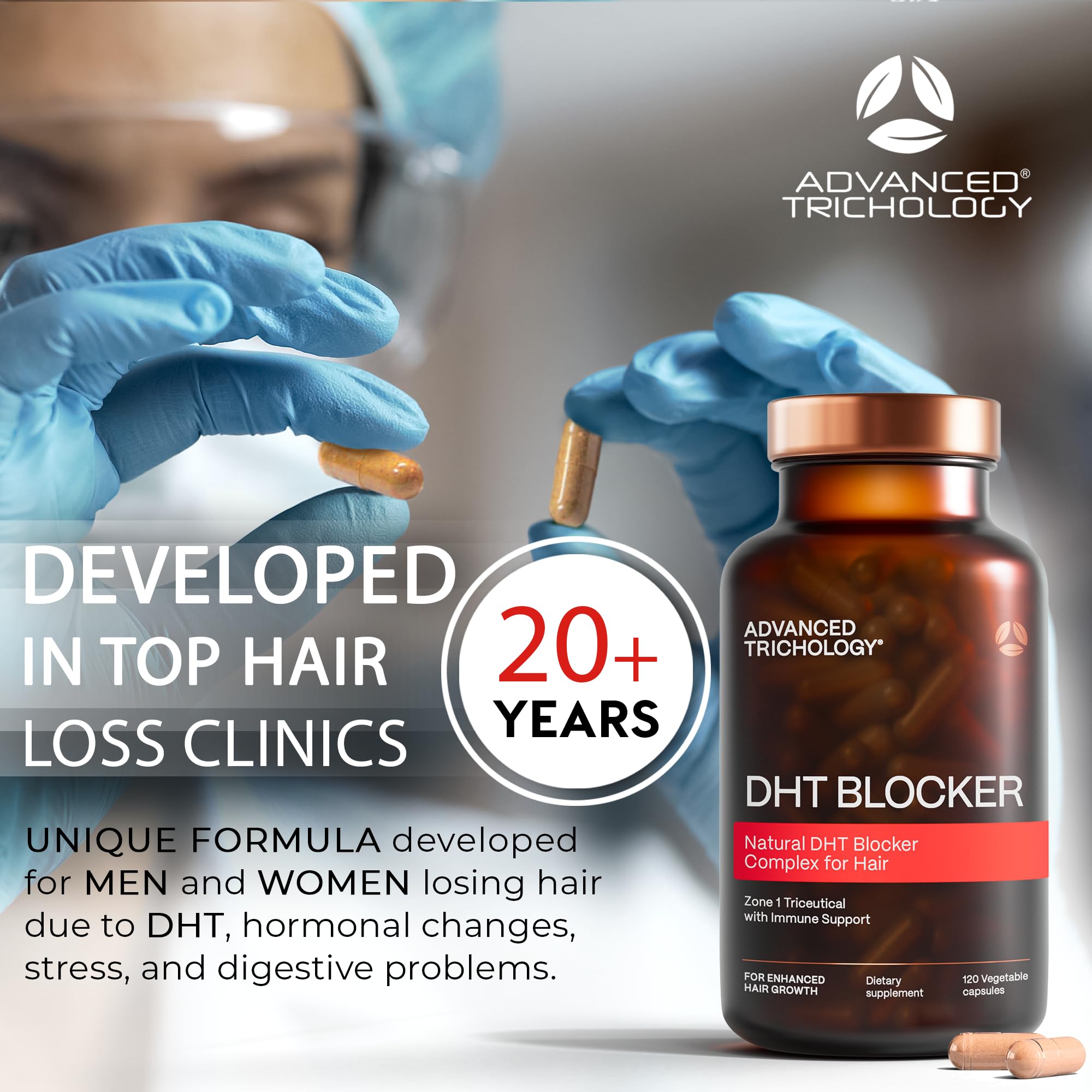 Label close-up shows 11 natural ingredients designed to support DHT blocking.