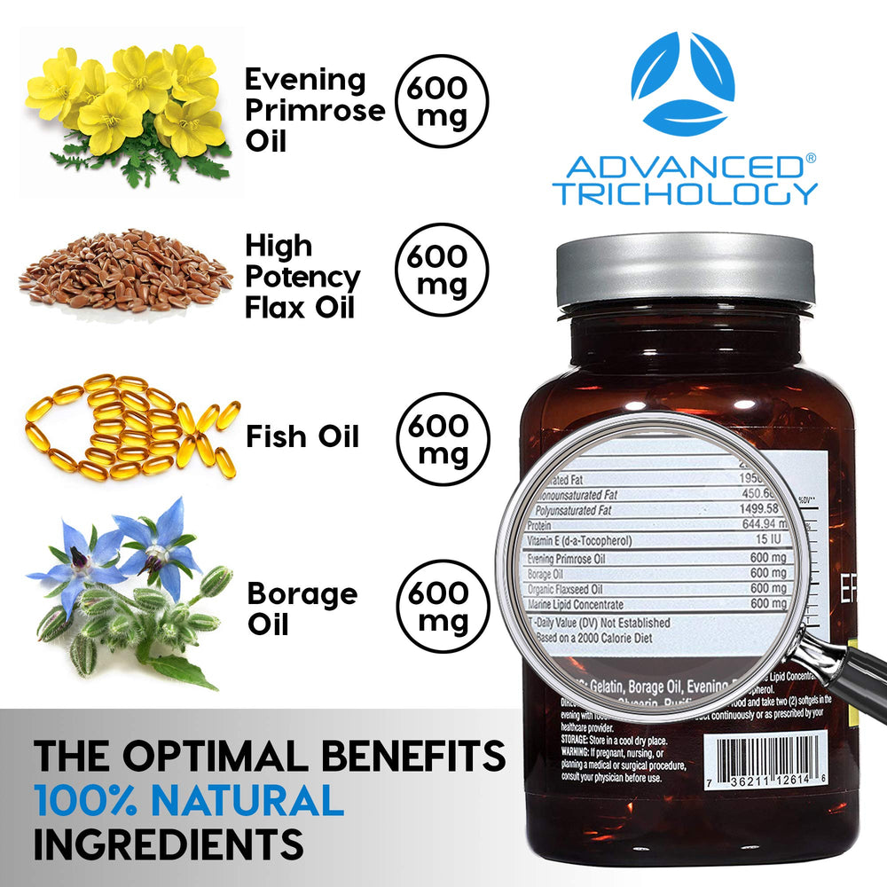 Advanced Trichology EFA Complete borage oil visual highlighting GLA-rich oil