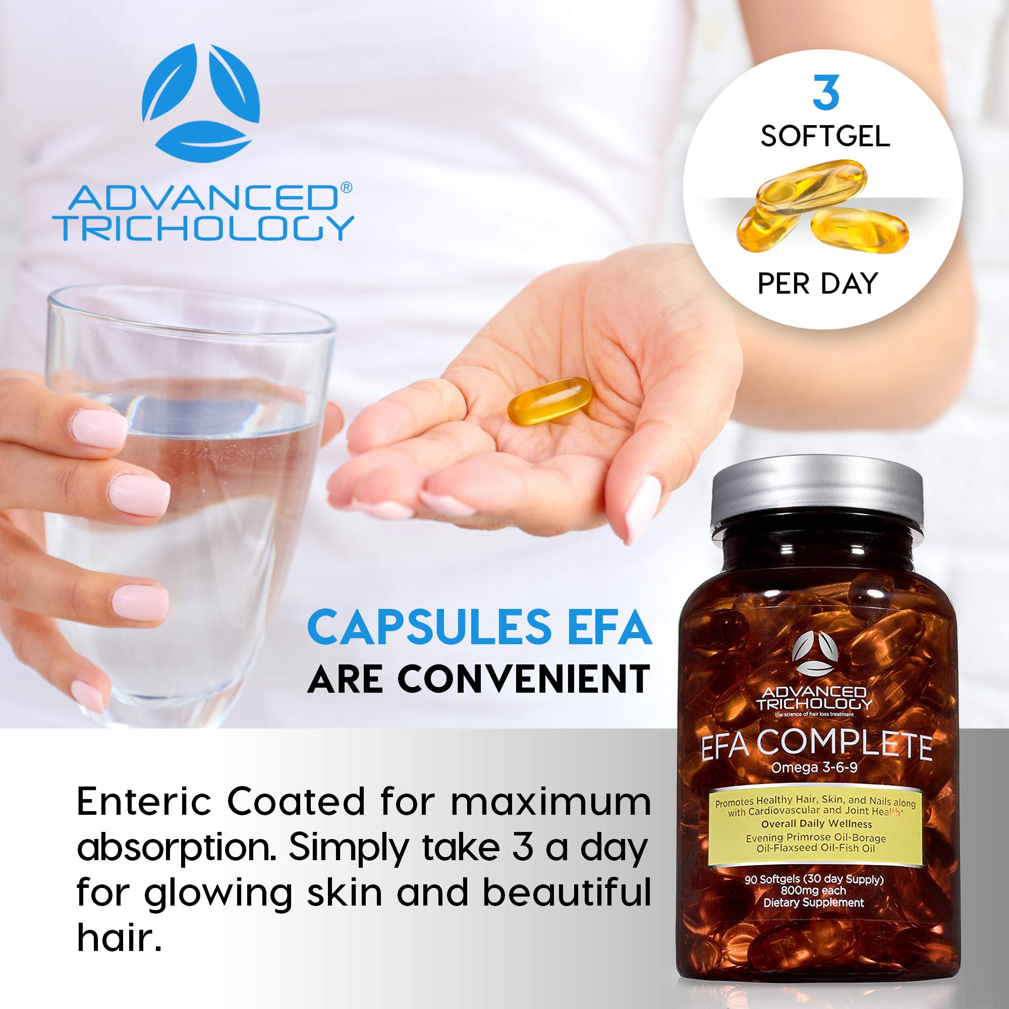 Advanced Trichology EFA Complete – Optimal Omega 3 6 9 Blend (800 mg, 90 capsules) – 3rd Party Tested