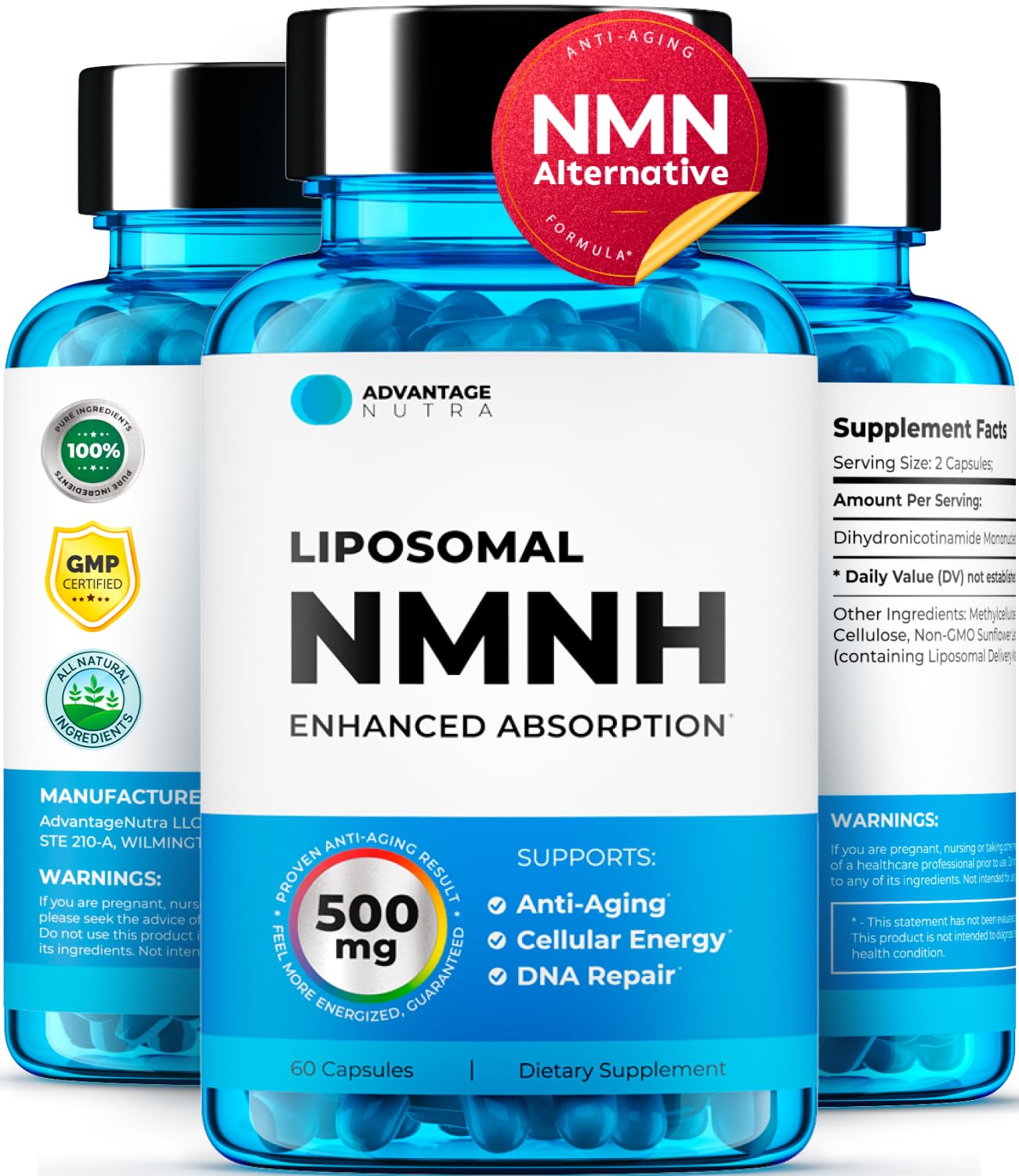 AdvantageNutra liposomal NMNH 500mg bottle pour shows easy daily use for energy support