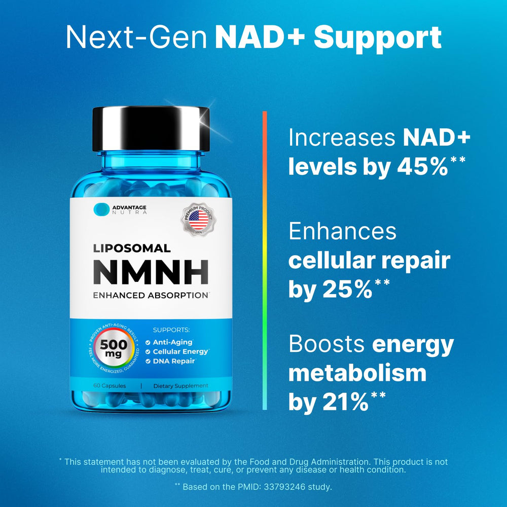 AdvantageNutra NMNH capsules closeup indicating steady focus and vitality