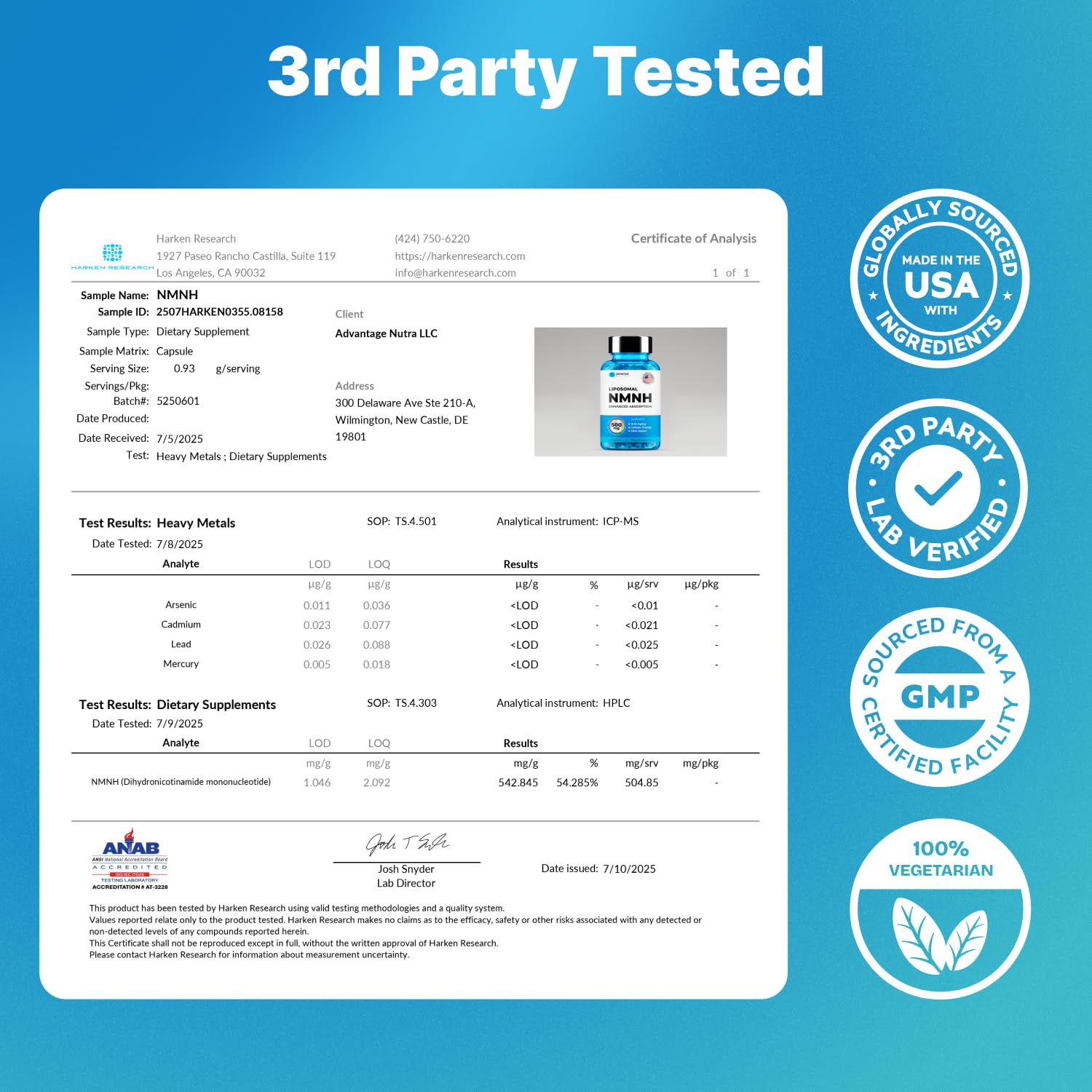 AdvantageNutra third-party tested seal displayed on packaging