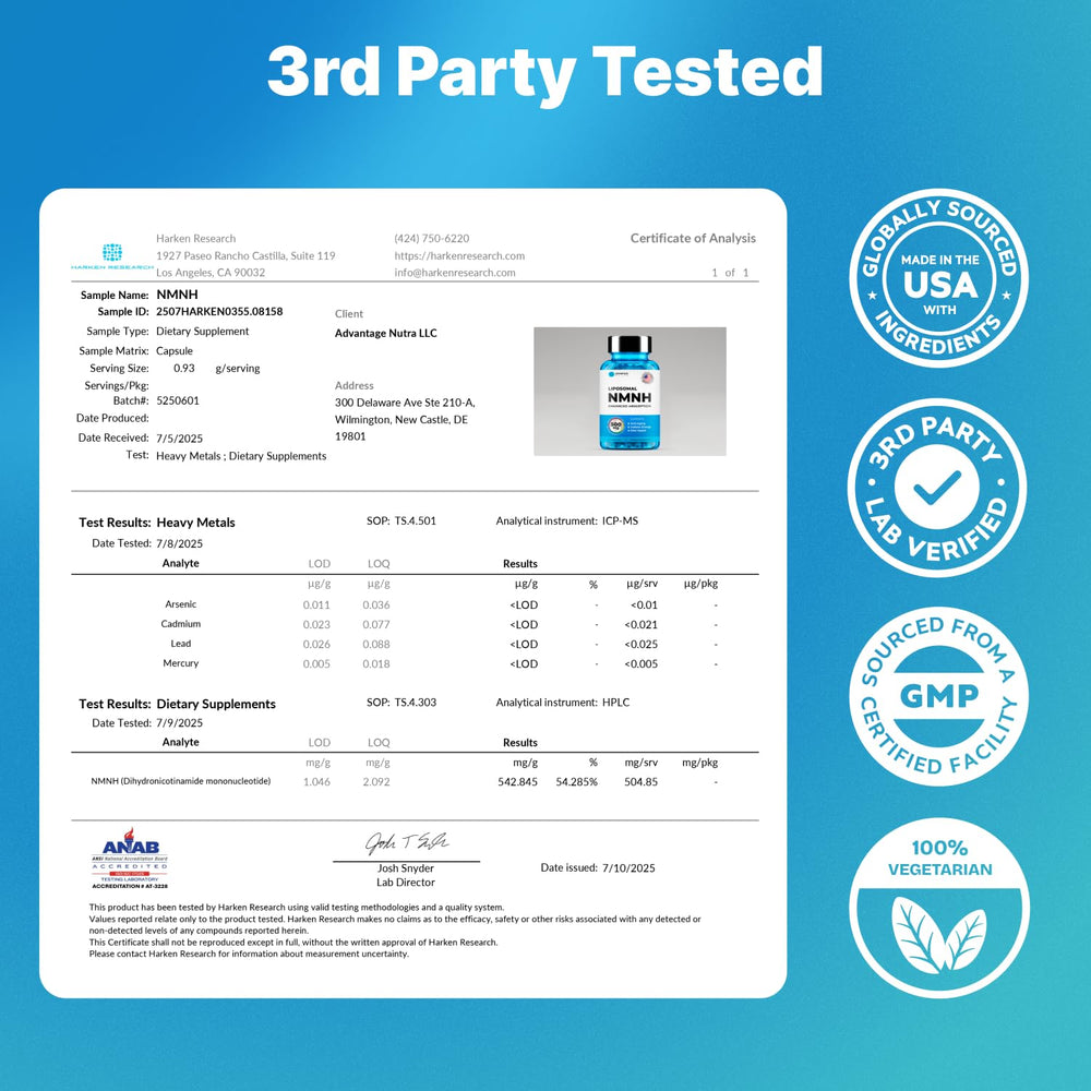 AdvantageNutra third-party tested seal displayed on packaging