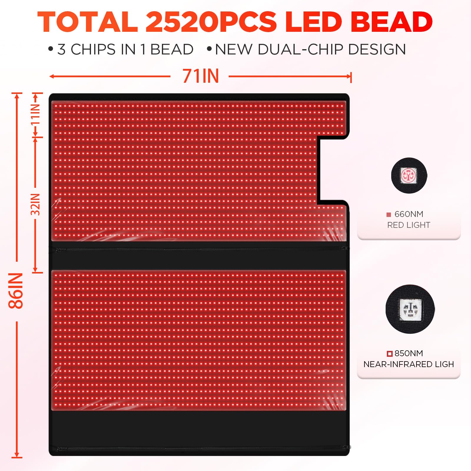 HD LED close-up on ADVARAYS pad illustrating 660nm red and 850nm infrared wavelengths.