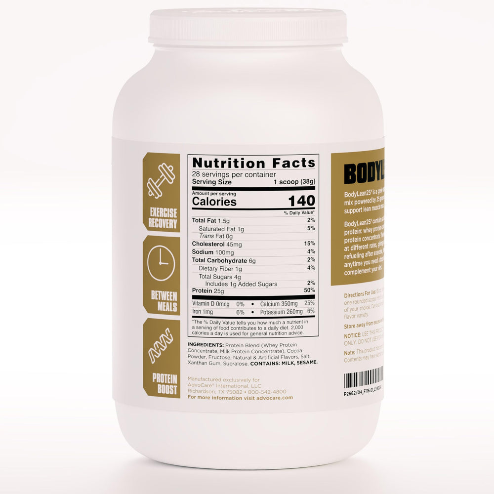 AdvoCare BodyLean25 chocolate powder being dispensed for steady energy during workouts.