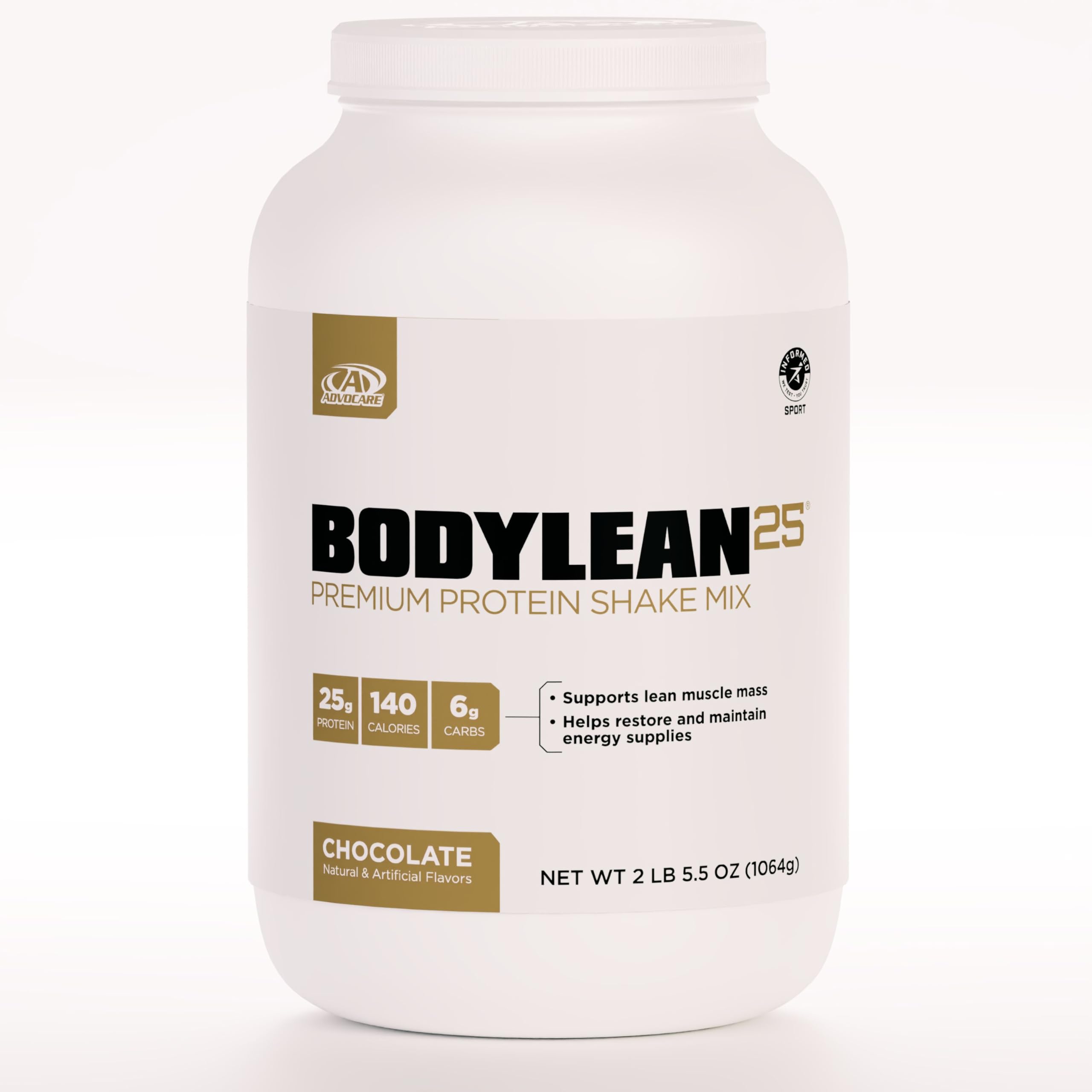 AdvoCare BodyLean25 chocolate protein bottle shows 25 g protein per serving for lean-muscle support.