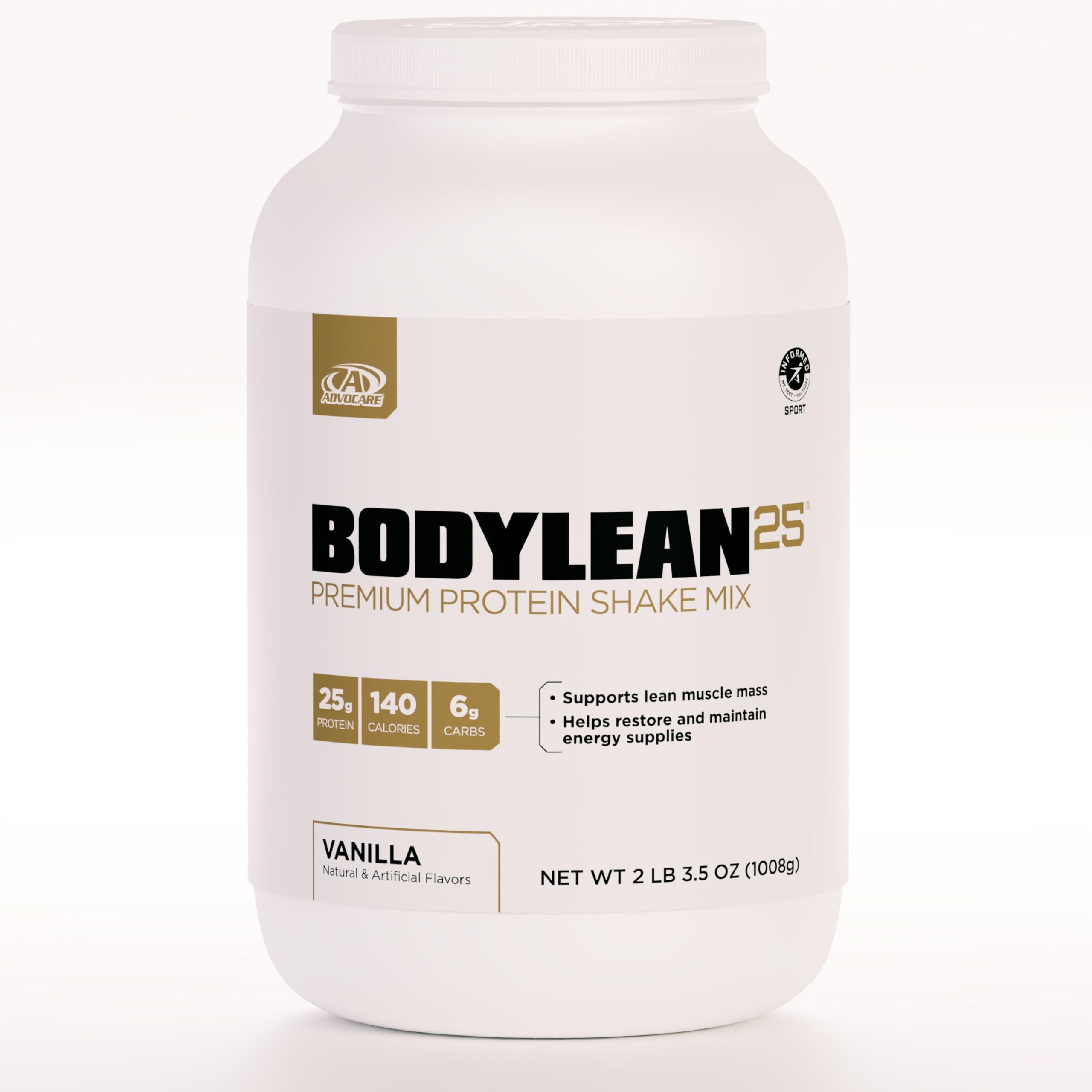 AdvoCare BodyLean25 whey isolate tub supports lean muscle after workouts.