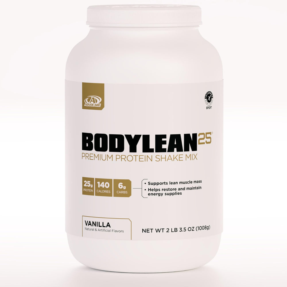 AdvoCare BodyLean25 whey isolate tub supports lean muscle after workouts.