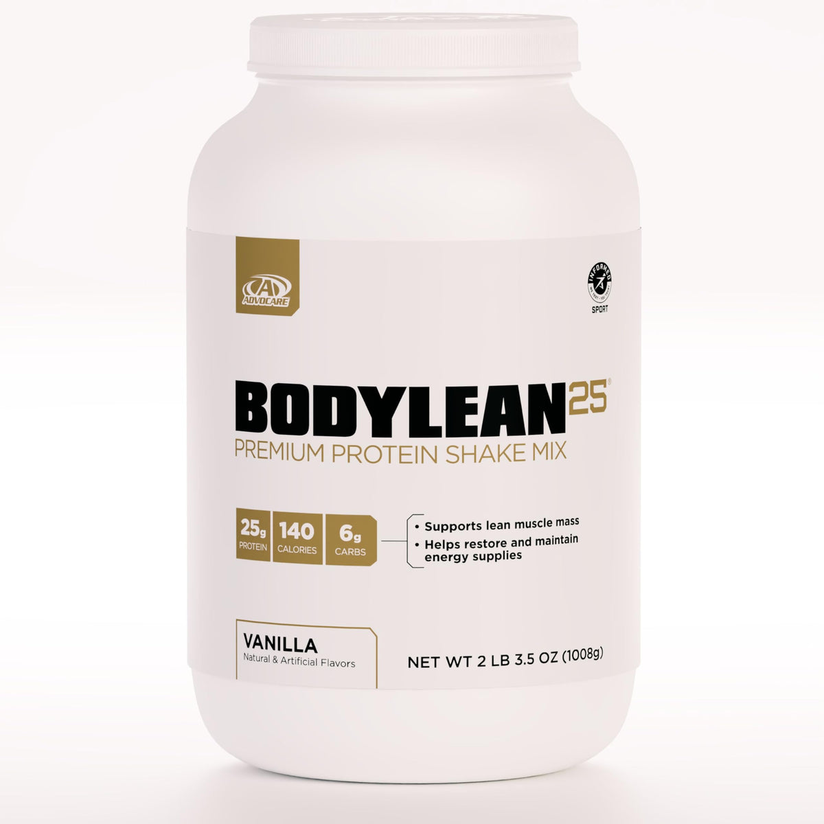 AdvoCare BodyLean25 whey isolate tub supports lean muscle after workouts.