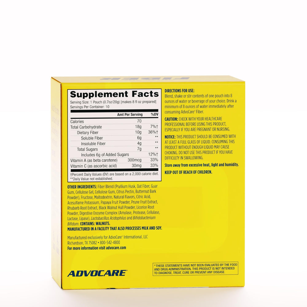 AdvoCare Fiber powder packets display, convenient daily fiber supplement for on-the-go hydration.