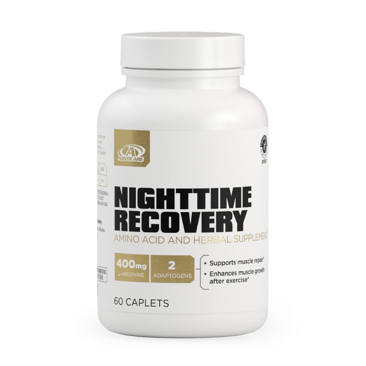 AdvoCare Nighttime Recovery bottle front showcasing nighttime muscle support packaging.