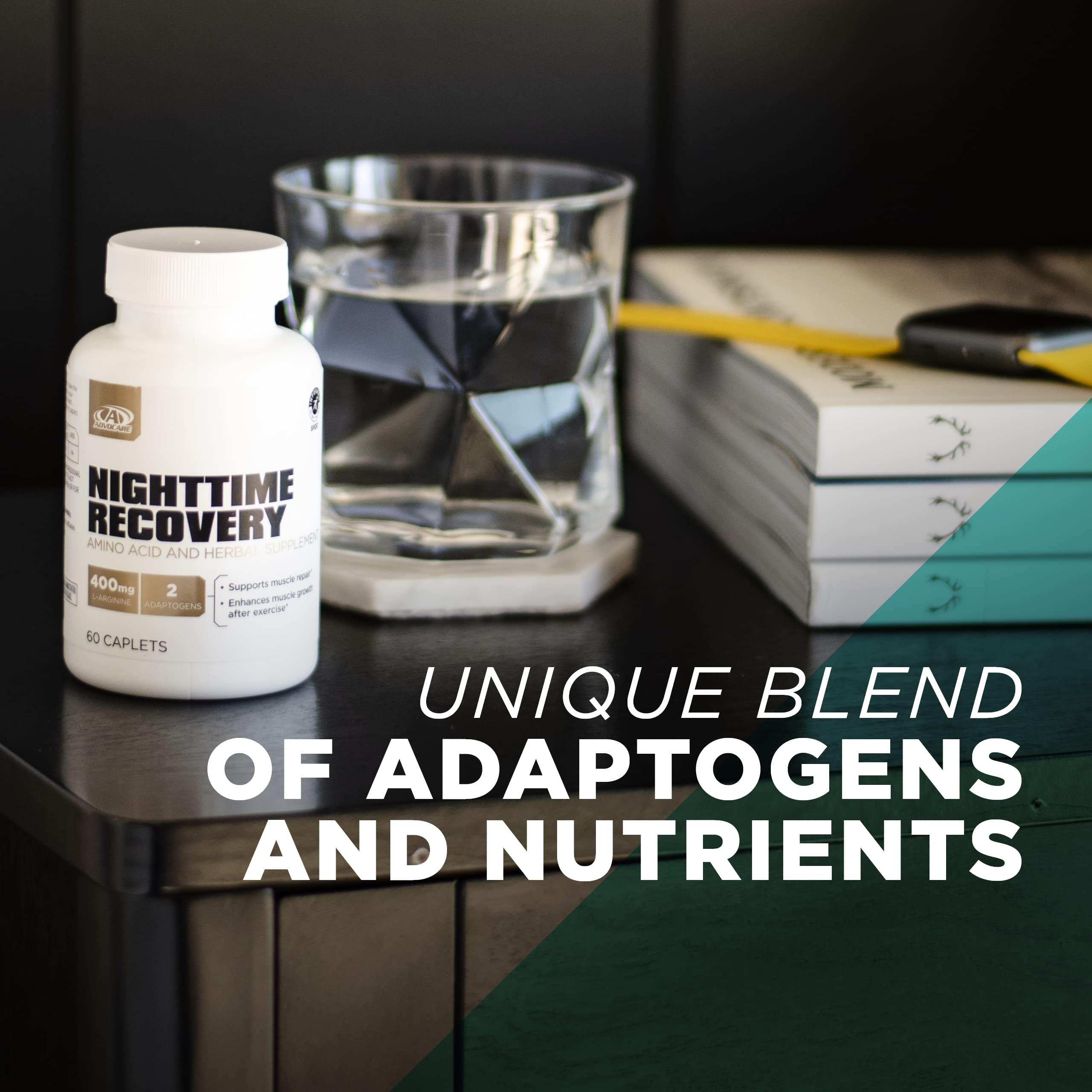 AdvoCare Nighttime Recovery caplets closeup highlighting amino acids and herbal blend.