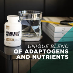 AdvoCare Nighttime Recovery caplets closeup highlighting amino acids and herbal blend.