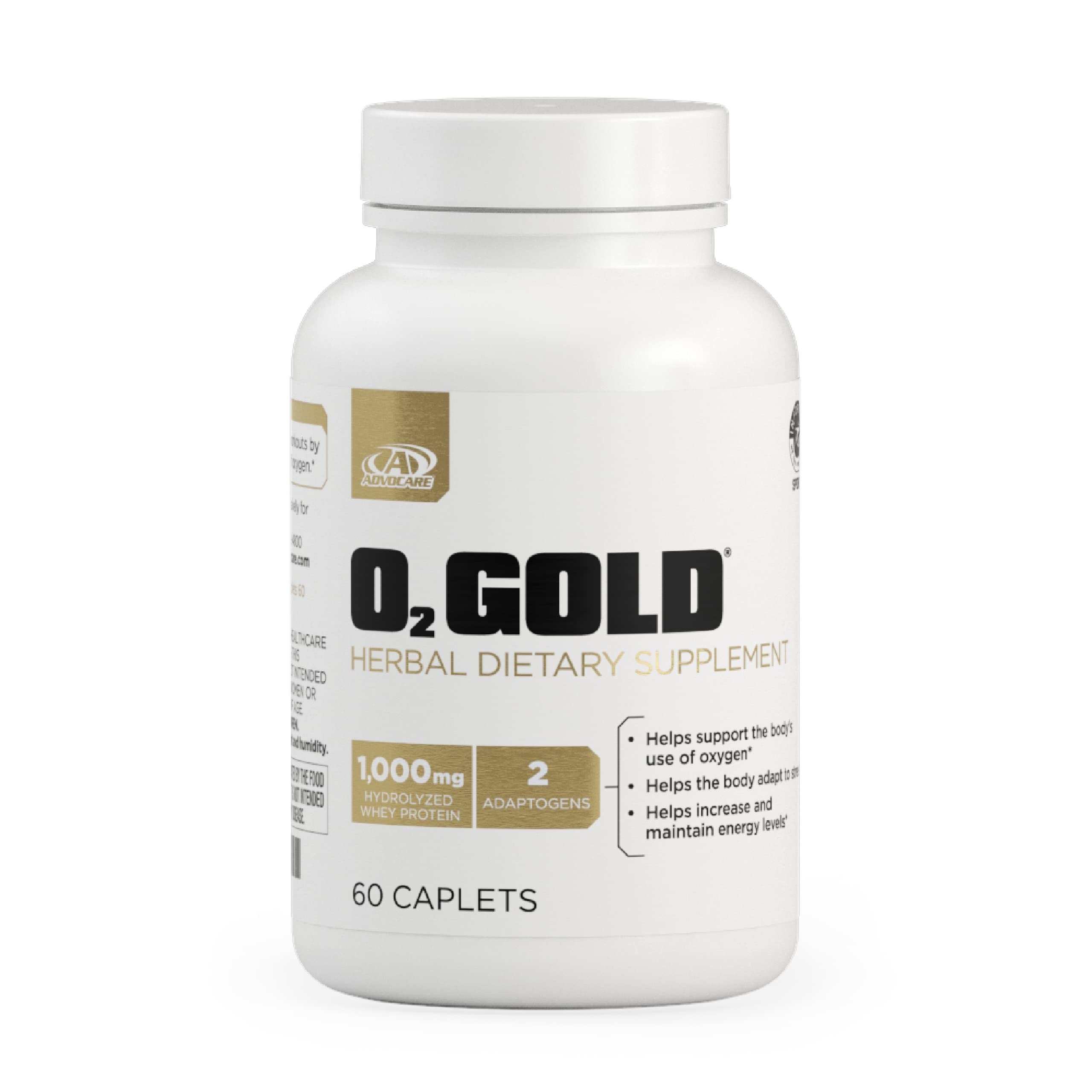 AdvoCare O2 Gold bottle front highlights oxygen support for active days.