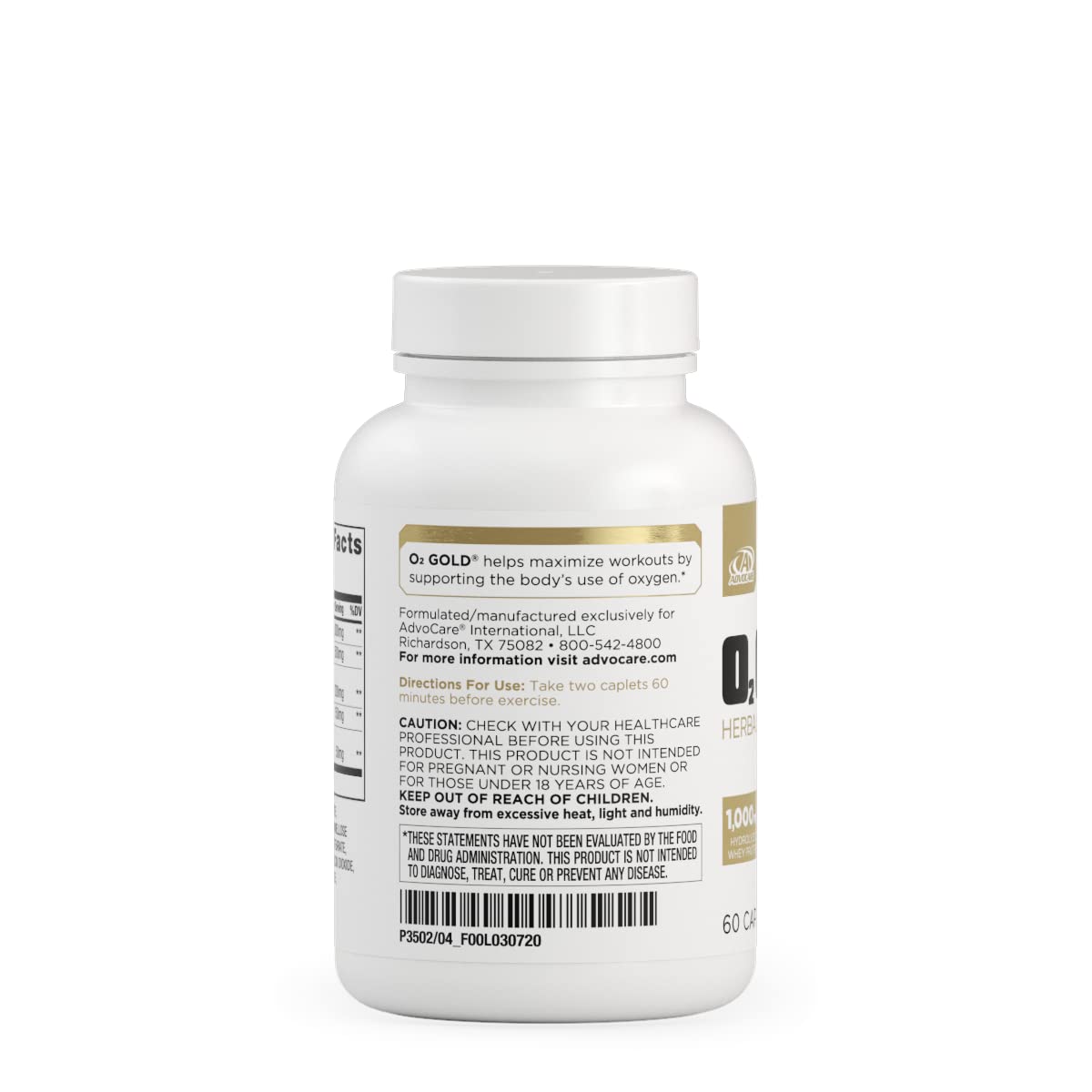 AdvoCare O2 Gold capsules assembly shows hydrolyzed whey protein and inosine for oxygen use.