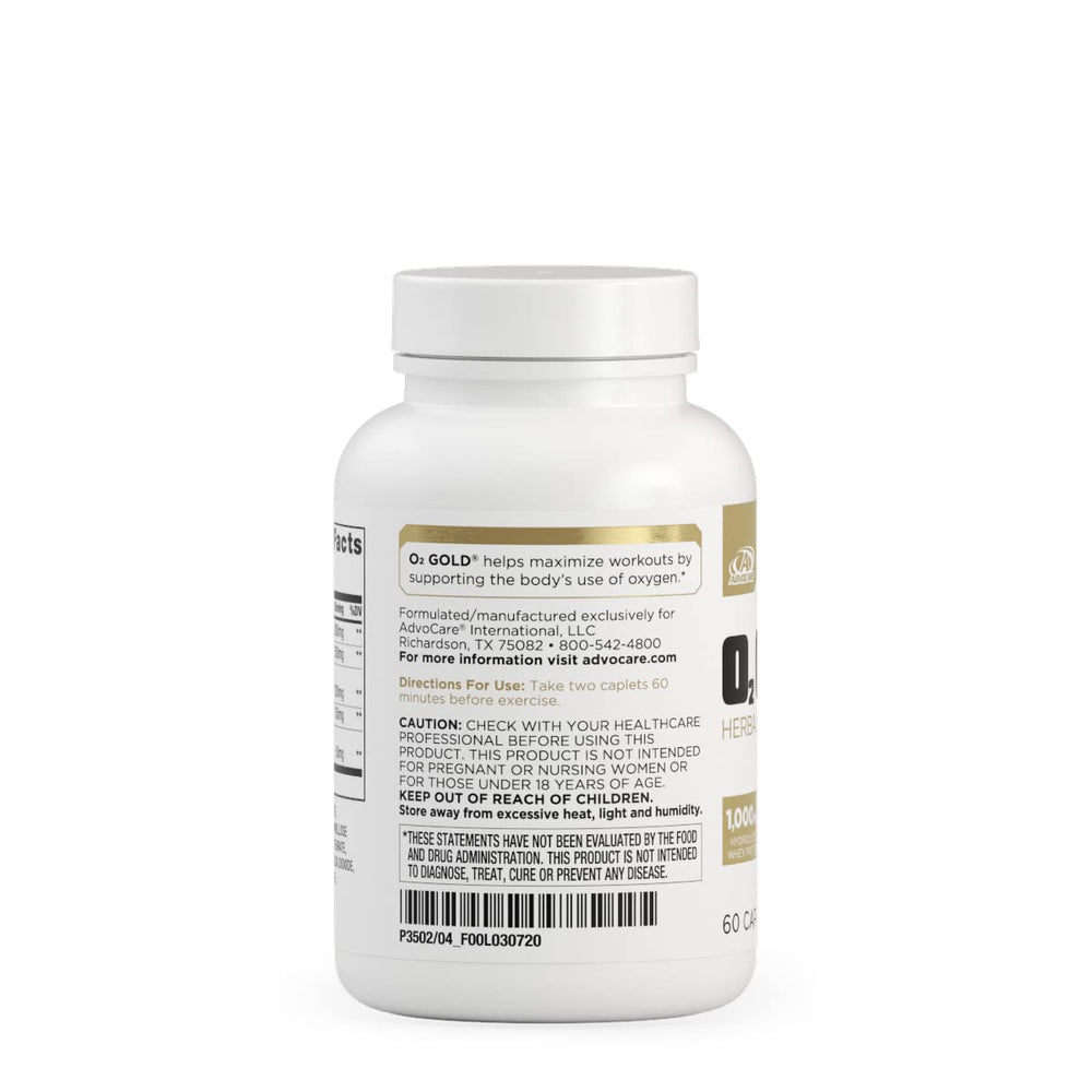 AdvoCare O2 Gold capsules assembly shows hydrolyzed whey protein and inosine for oxygen use.
