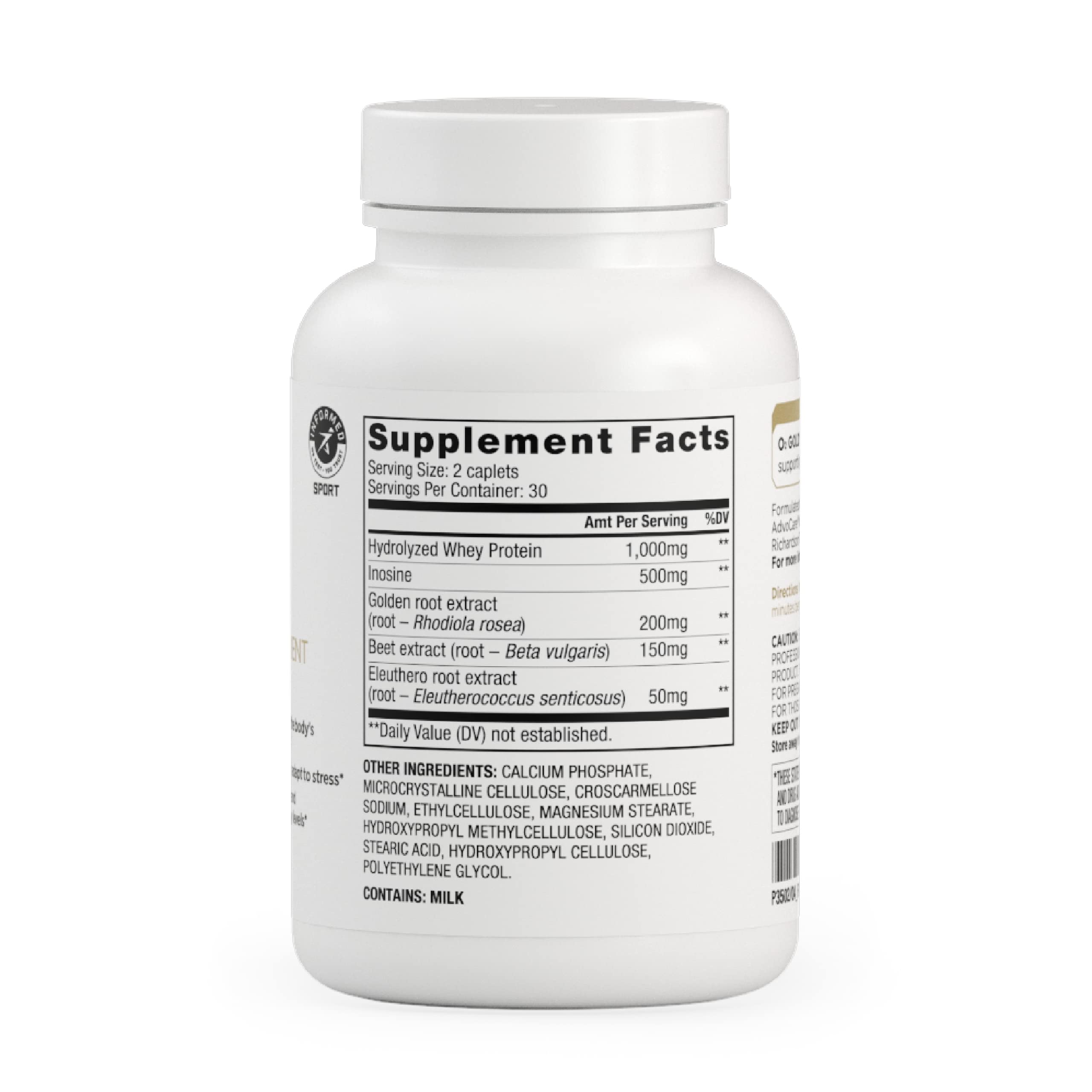 AdvoCare O2 Gold label closeup emphasizes rhodiola’s energy support during activity.