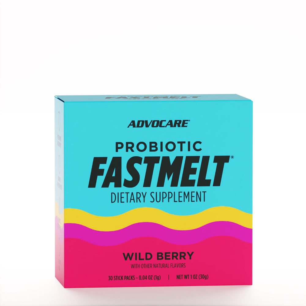 AdvoCare Probiotic FastMelt packaging in wild berry supports a convenient daily gut balance.