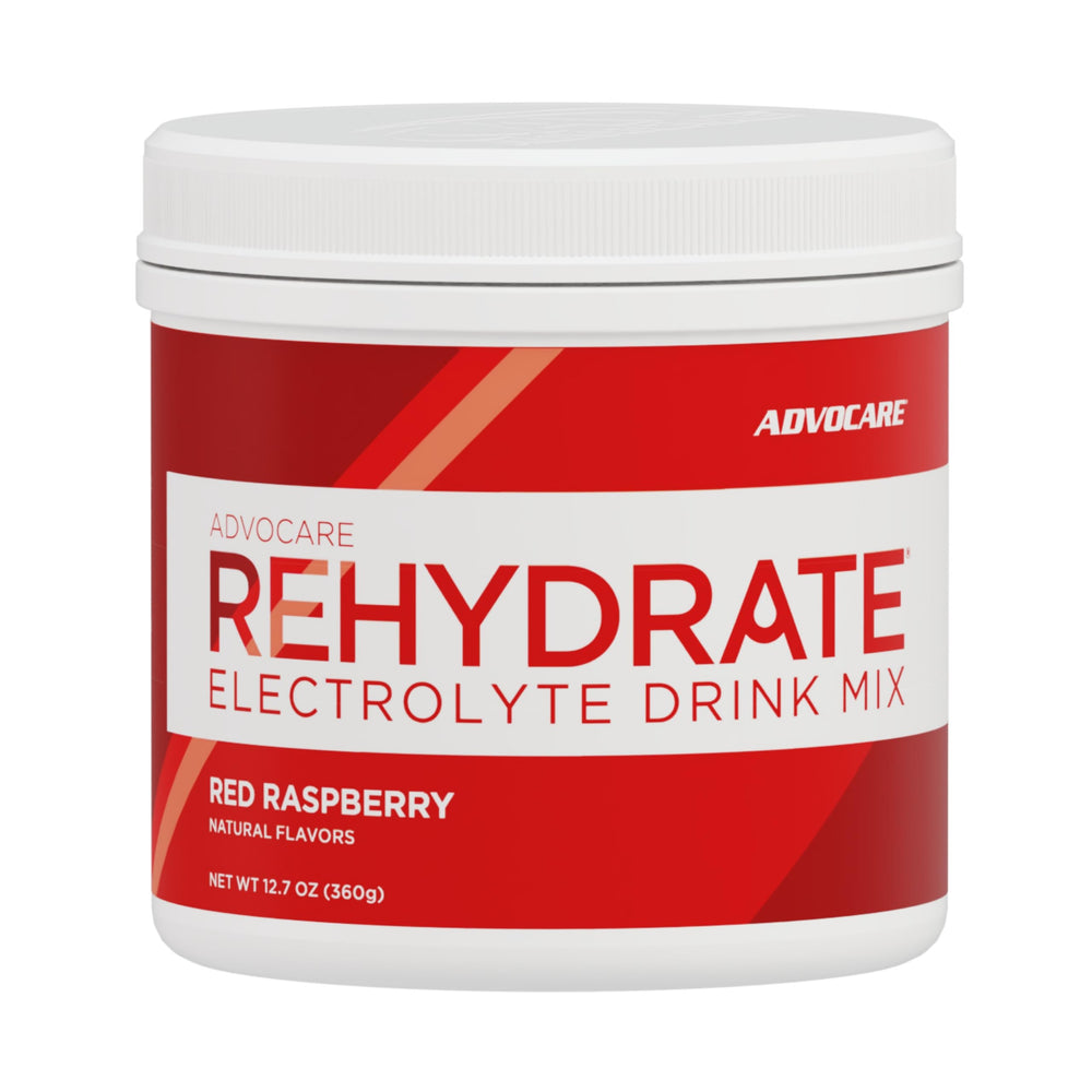 AdvoCare Rehydrate bottle cap close-up highlighting electrolyte blend for quick hydration.