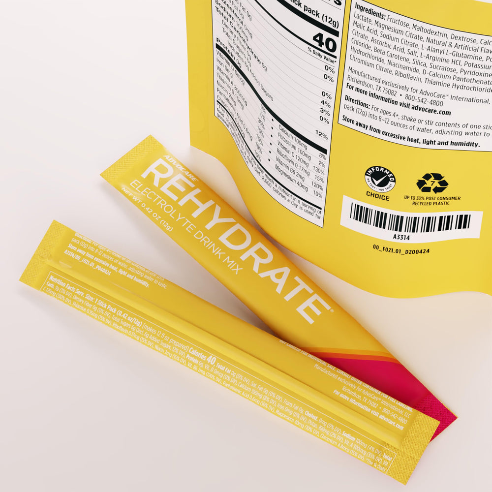 AdvoCare Rehydrate electrolyte powder container highlights mango pineapple flavor.