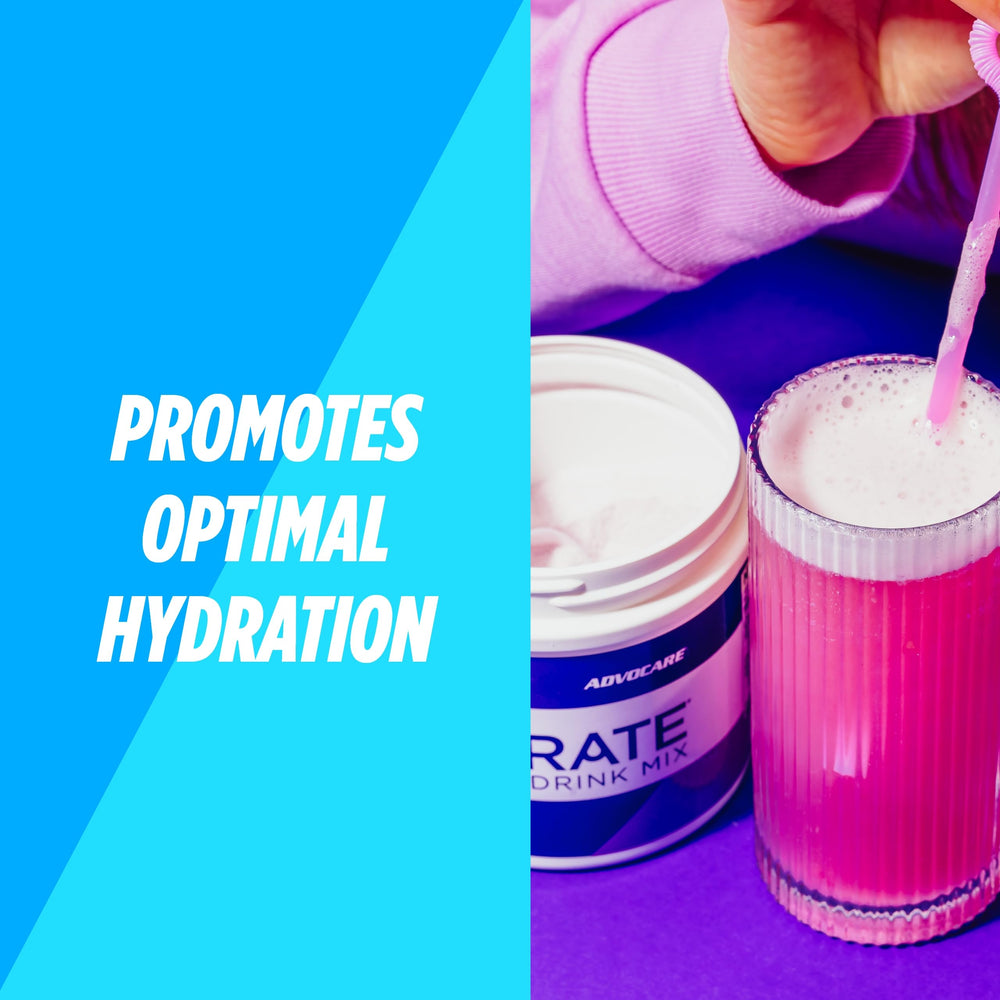 AdvoCare Rehydrate grape scoop beside bottle highlights convenient mixing