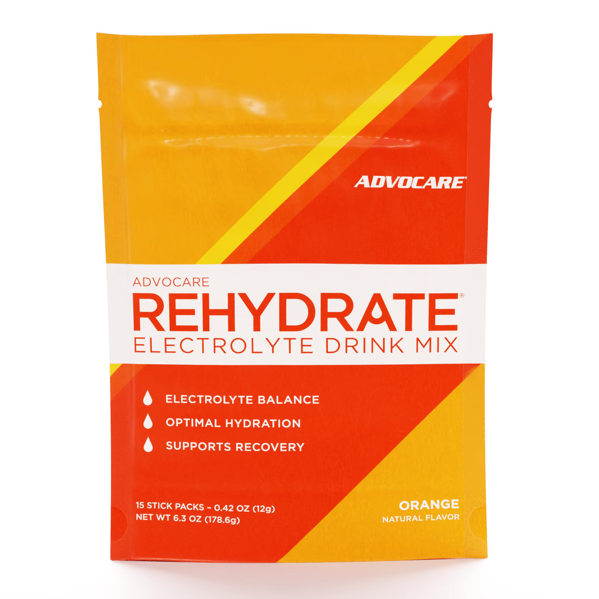 AdvoCare Rehydrate orange stick pack ready for on-the-go hydration during workouts.