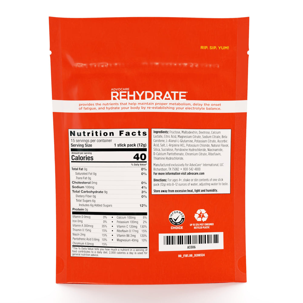 AdvoCare Rehydrate orange stick pack shown as a convenient travel hydration option.