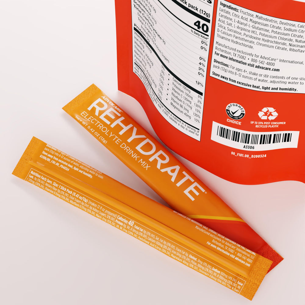 AdvoCare Rehydrate orange stick pack features a portable, single-serve format for active days.