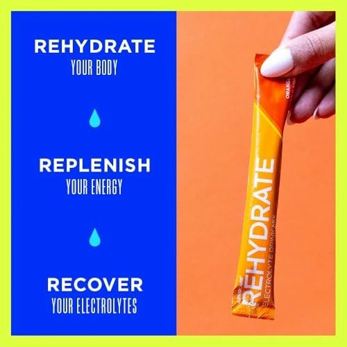 AdvoCare Rehydrate orange stick pack highlights antioxidants and amino acids for recovery.