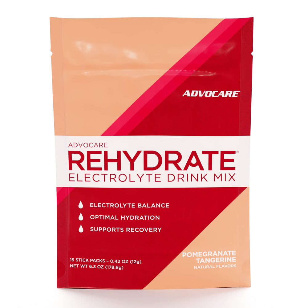 AdvoCare Rehydrate pomegranate-tangerine sticks close-up highlighting convenient on-the-go hydration