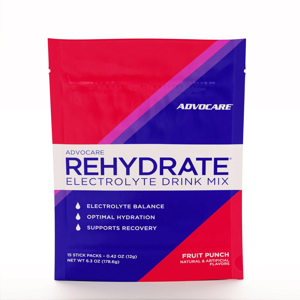 AdvoCare Rehydrate stick packs for on-the-go hydration during workouts.