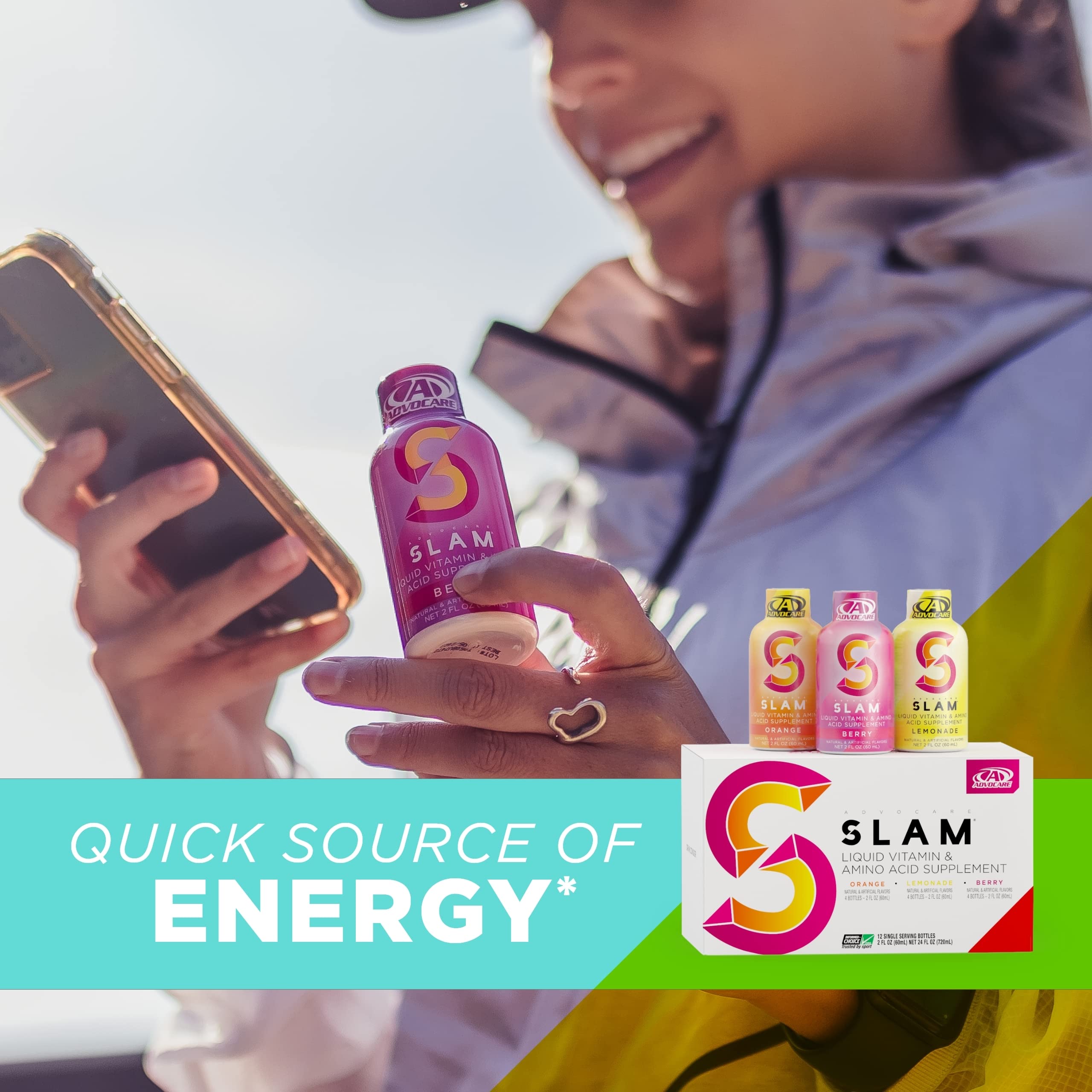 AdvoCare Slam 2oz shot pouring highlights portable energy for workouts and busy days.
