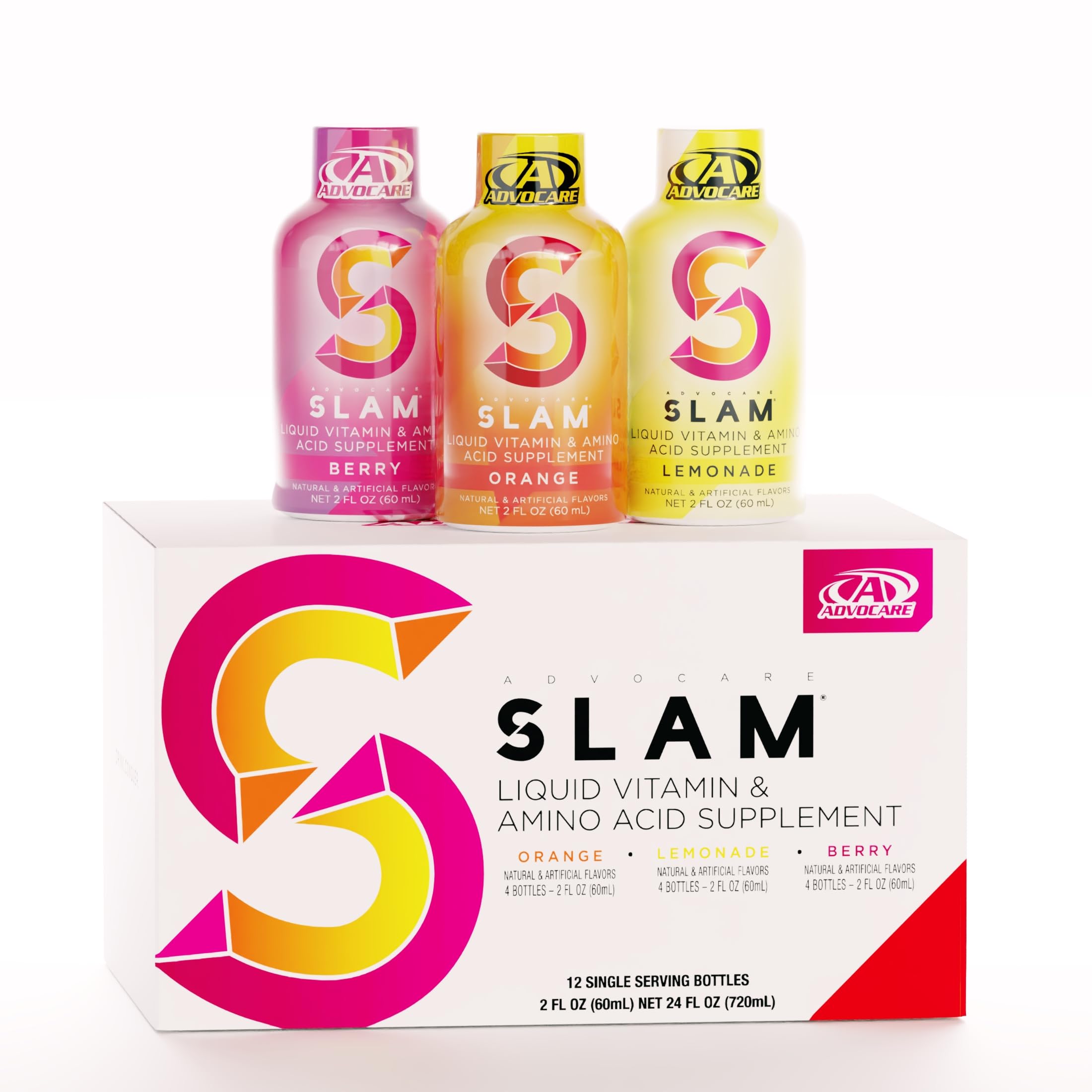 AdvoCare Slam orange bottle shows sugar-free energy for on-the-go focus.